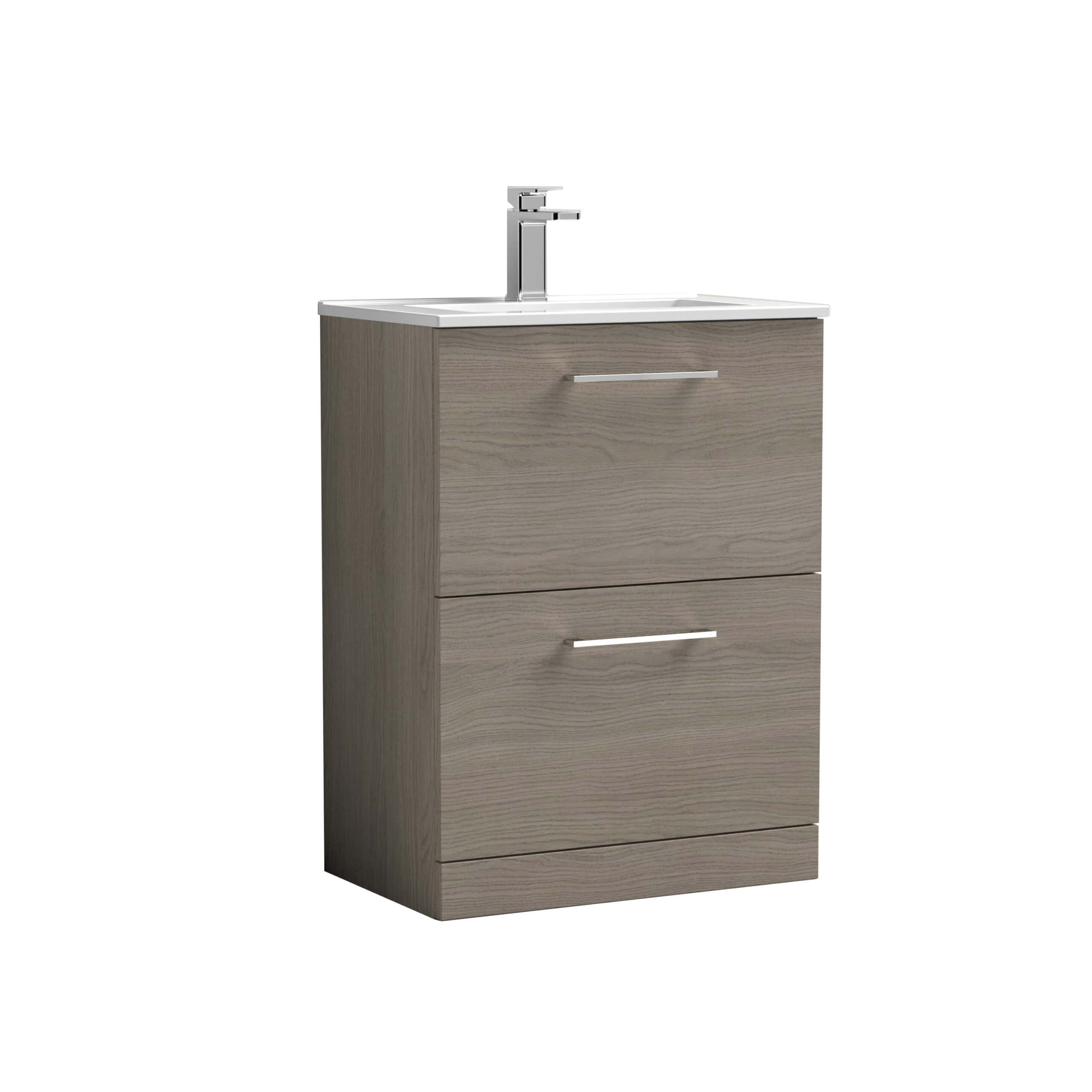 Contemporary bathroom vanity unit with a wood finish, integrated ceramic sink, and sleek chrome handles, perfect for modern bathroom designs.