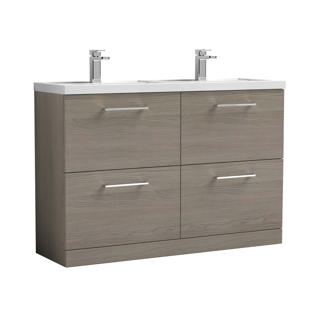 Modern double bathroom vanity unit with two sinks, elegant chrome handles, and a light wood finish, ideal for contemporary bathroom spaces.