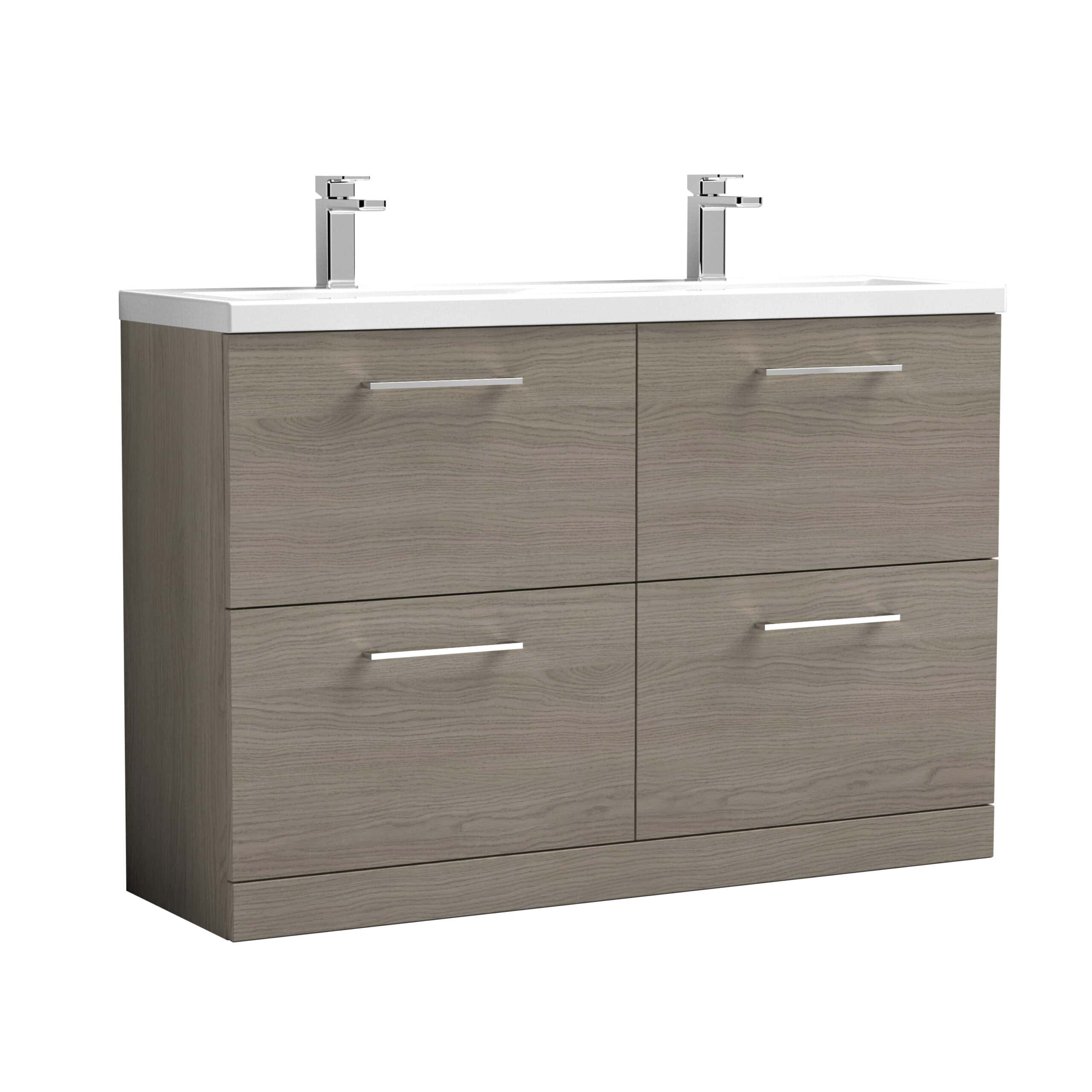 Modern double bathroom vanity unit with twin sinks, light wood finish, sleek silver handles, ideal for contemporary bathrooms. Perfect for stylish storage and functional design.