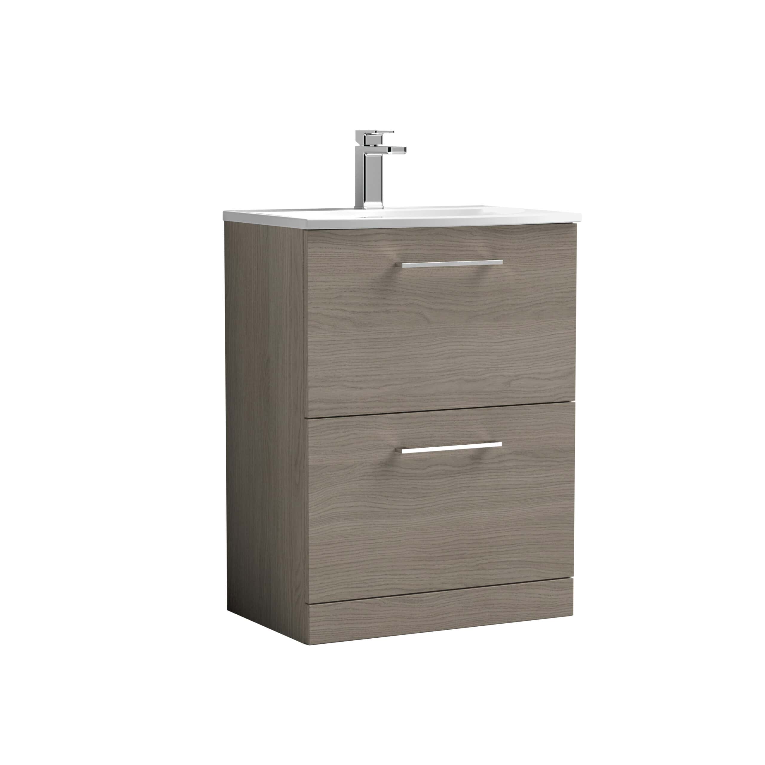 Modern bathroom vanity with integrated sink and storage drawers, ideal for contemporary en-suite or guest bathrooms. Crafted with durable materials in a neutral wood finish, featuring sleek metal handles.