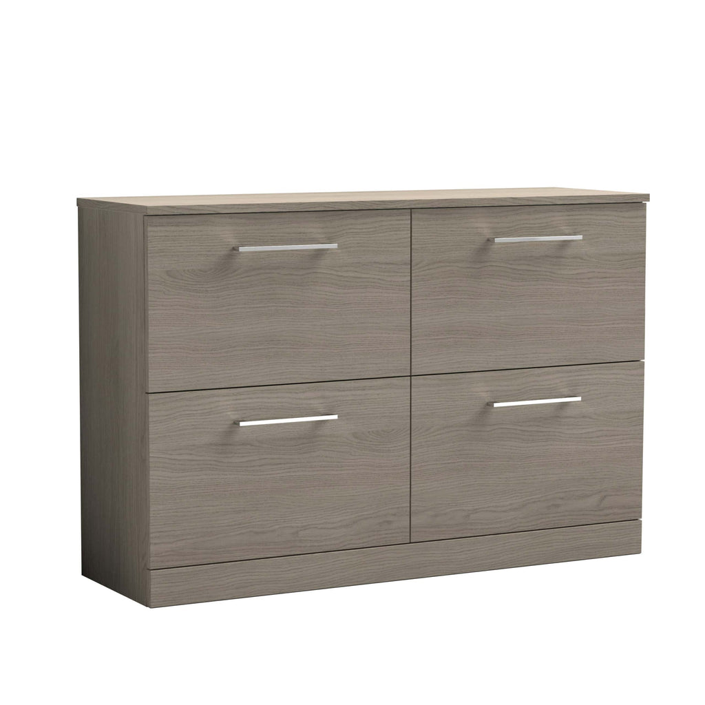 Sleek grey wooden bathroom storage cabinet with four spacious drawers, modern silver handles, perfect for organising toiletries and bathroom essentials, enhancing bathroom aesthetics.