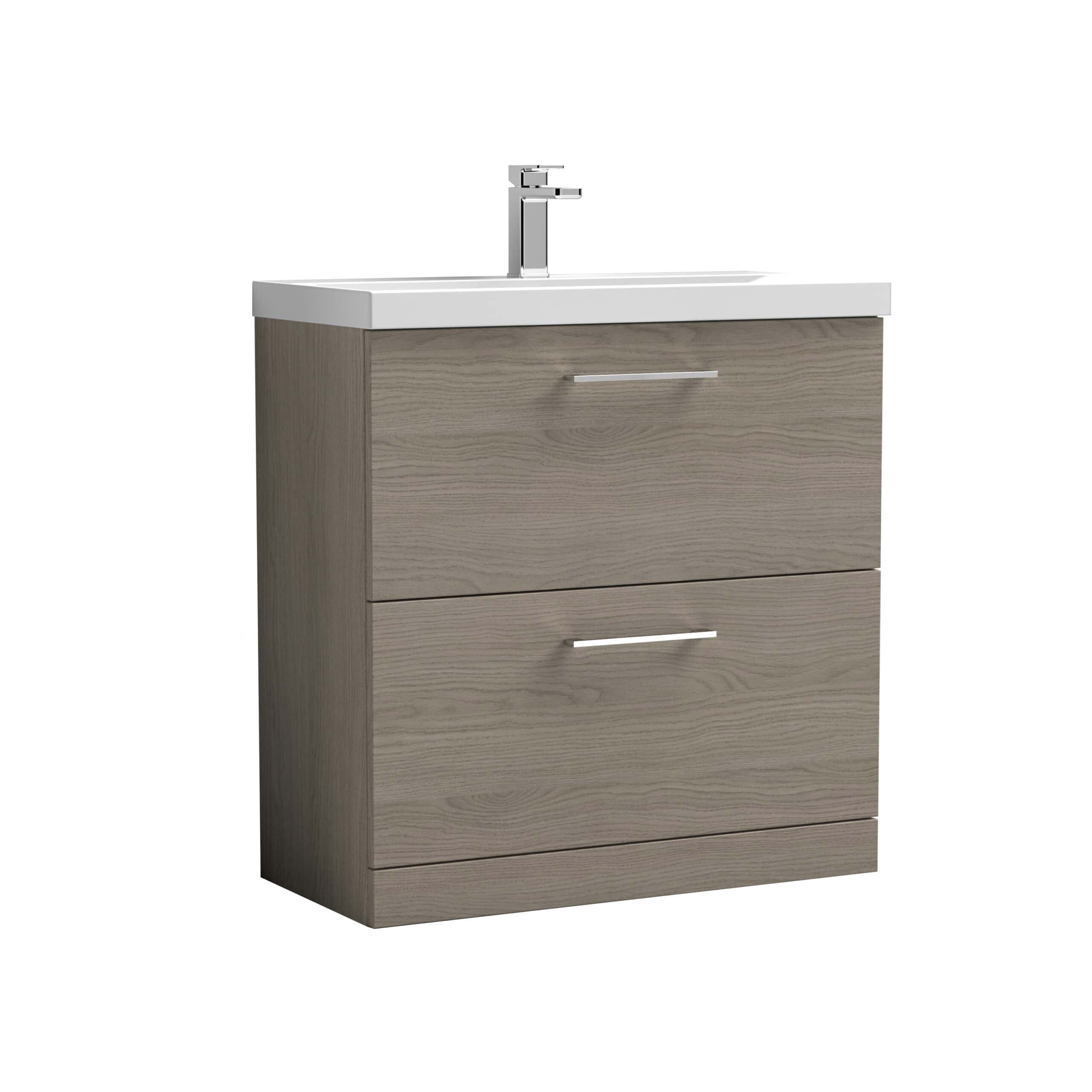 Modern wooden bathroom vanity with integrated white ceramic sink and chrome faucet, suitable for contemporary bathroom decor. Fully assembled, spacious storage drawers, ideal for UK bathrooms.