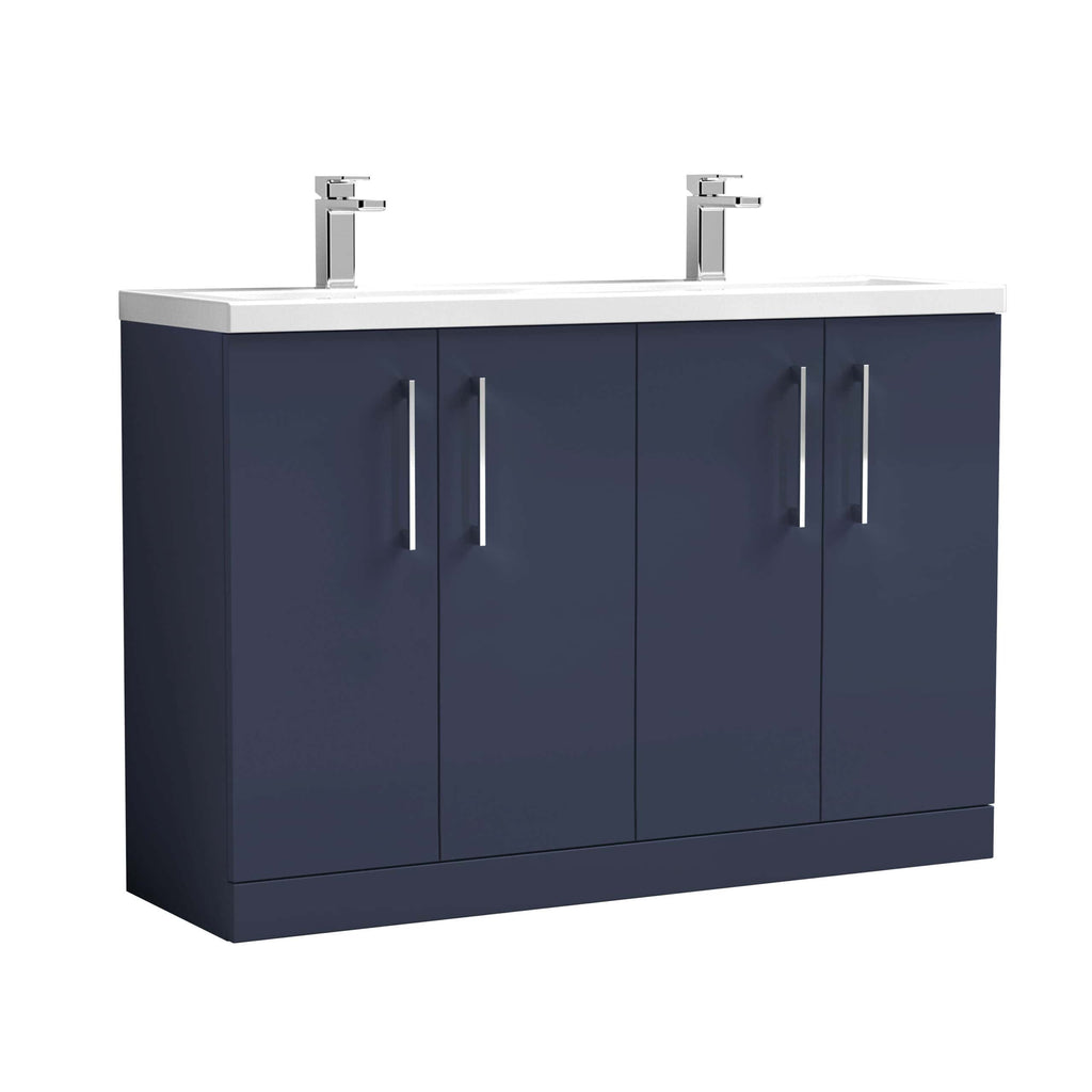 Sleek navy blue bathroom vanity with dual sinks and modern chrome handles, ideal for contemporary bathroom designs and storage solutions. Perfect for stylish and functional bathroom décor.