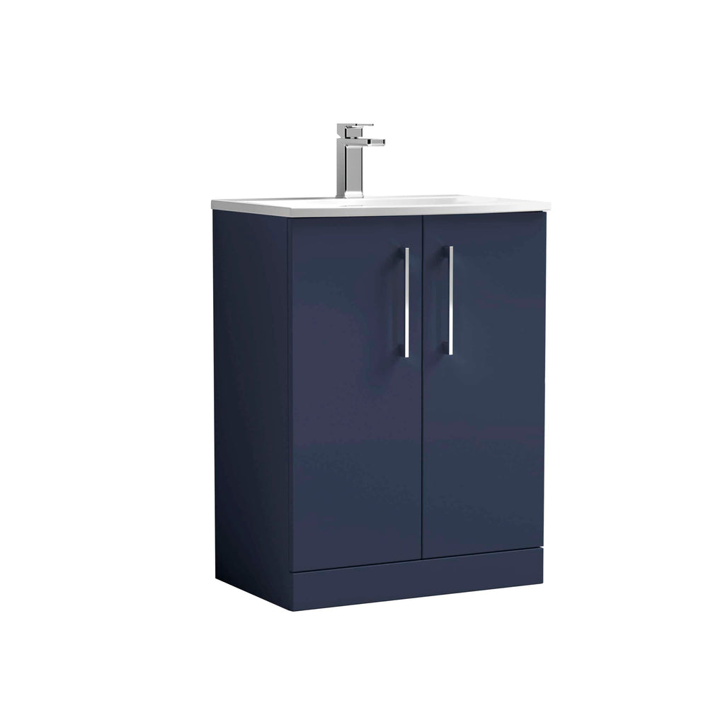 Modern navy bathroom vanity unit with integrated sink and chrome handles, ideal for stylish bathroom storage solutions. Perfect for contemporary bathroom interior design.