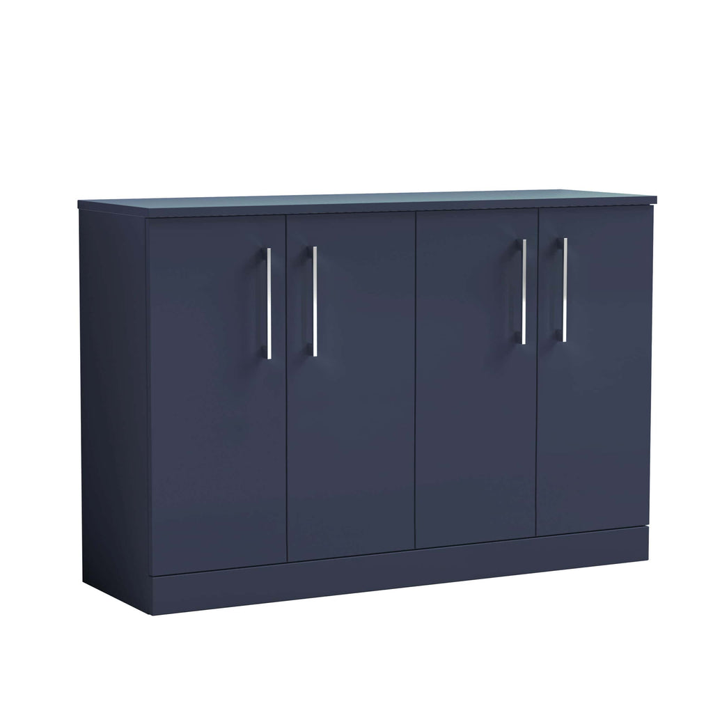 Stylish navy blue bathroom storage cabinet with four doors and sleek metal handles, perfect for modern bathrooms and enhancing space with elegant functionality.
