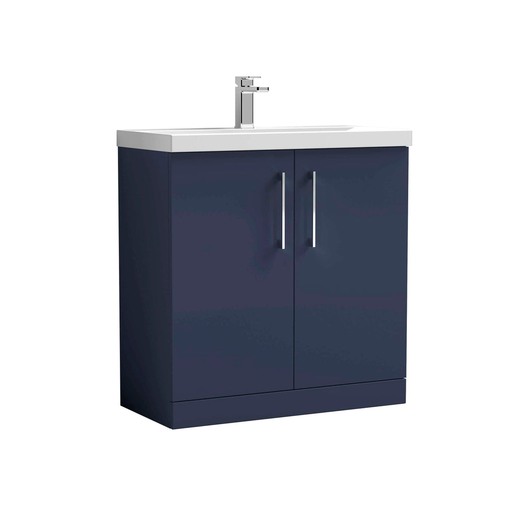 Modern navy bathroom vanity with white countertop and chrome faucet, ideal for stylish bathroom upgrades and bathroom furniture, offering functional storage and sleek design.