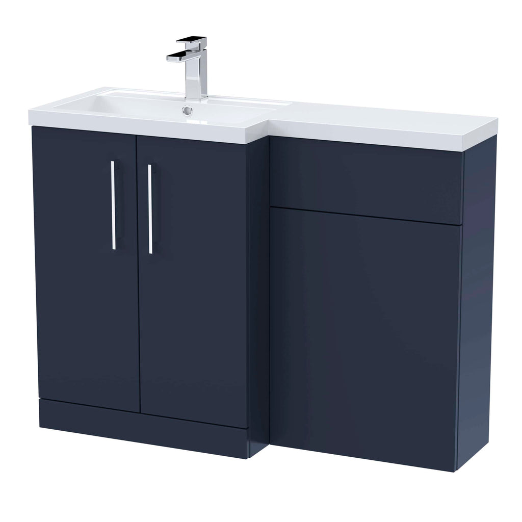 Modern bathroom vanity unit with navy blue cabinet, white countertop, and integrated sink featuring a chrome faucet, designed for stylish bathroom storage solutions.