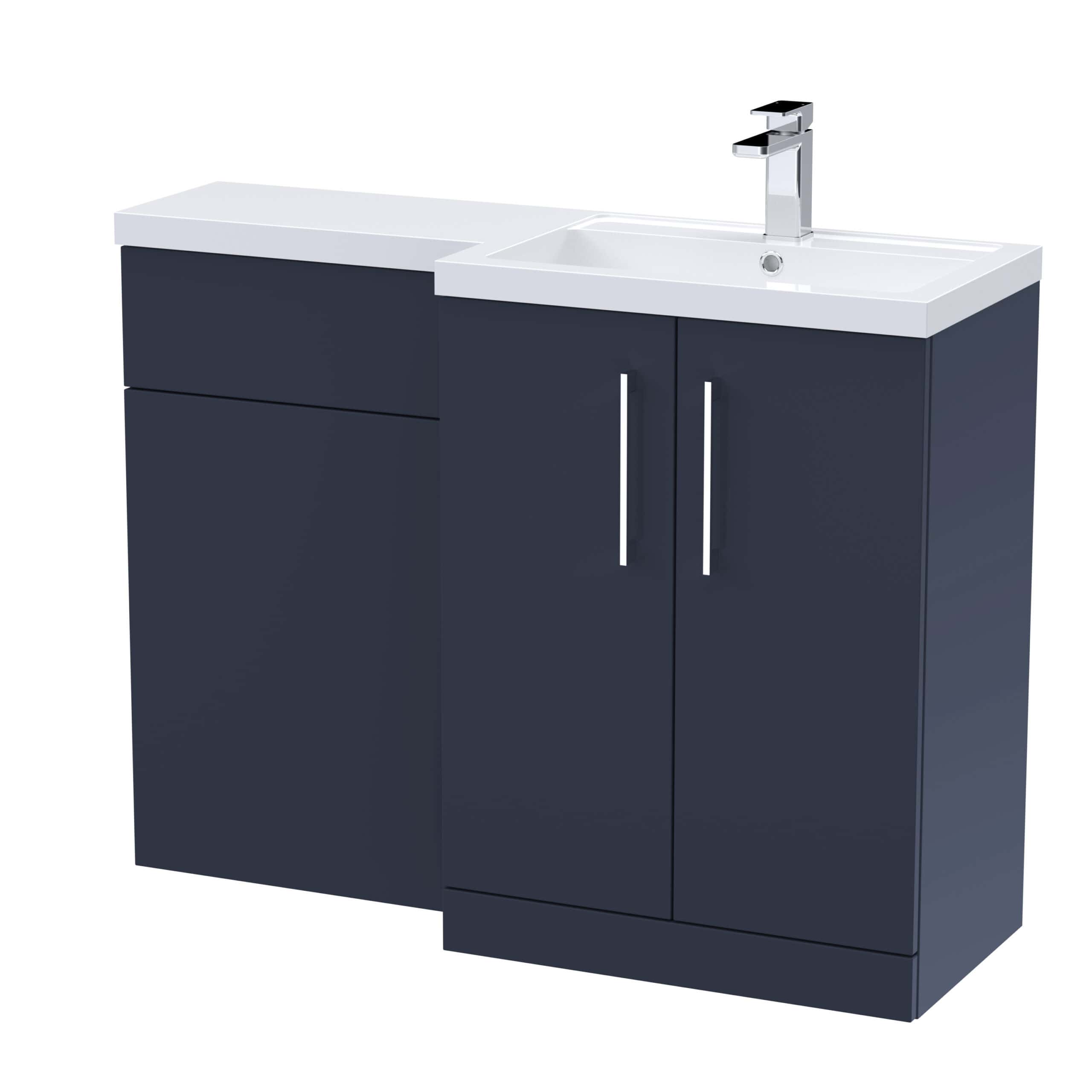 Modern bathroom vanity with navy blue cabinets and white countertop, integrated sink, and chrome faucet, ideal for contemporary bathroom designs.