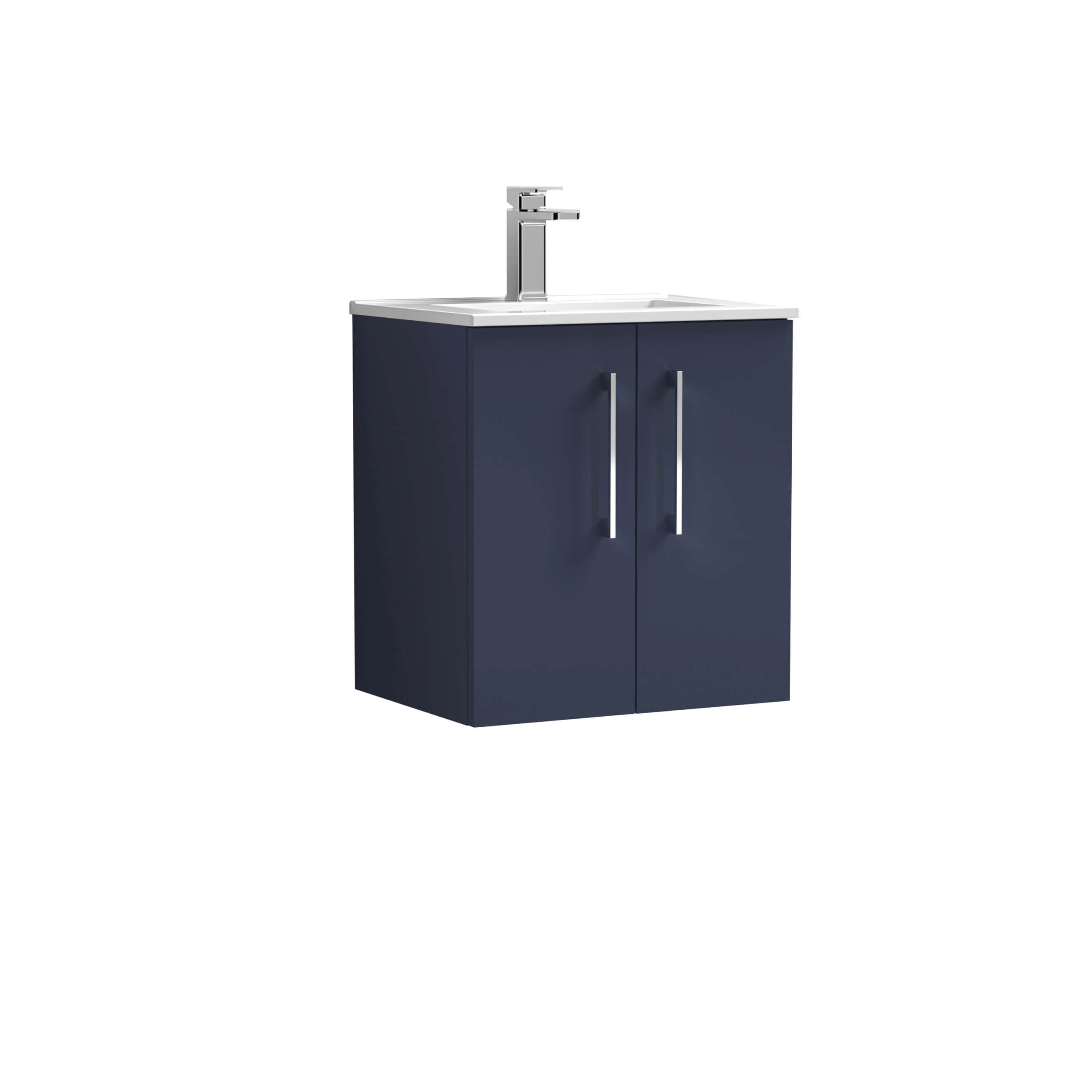 Modern navy bathroom vanity with integrated sink and chrome tap, ideal for contemporary bathroom designs. Durable, stylish storage solution for bathrooms, combining functionality and aesthetic appeal.