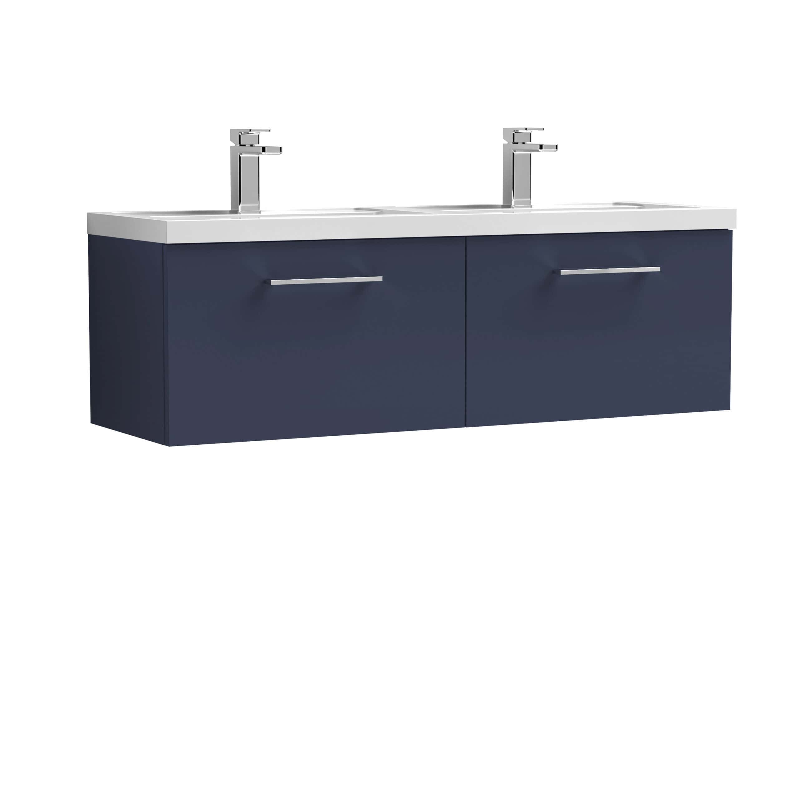 Elegant double vanity unit with modern navy blue cabinets and a sleek white countertop, featuring two contemporary faucets, perfect for stylish bathroom renovations.