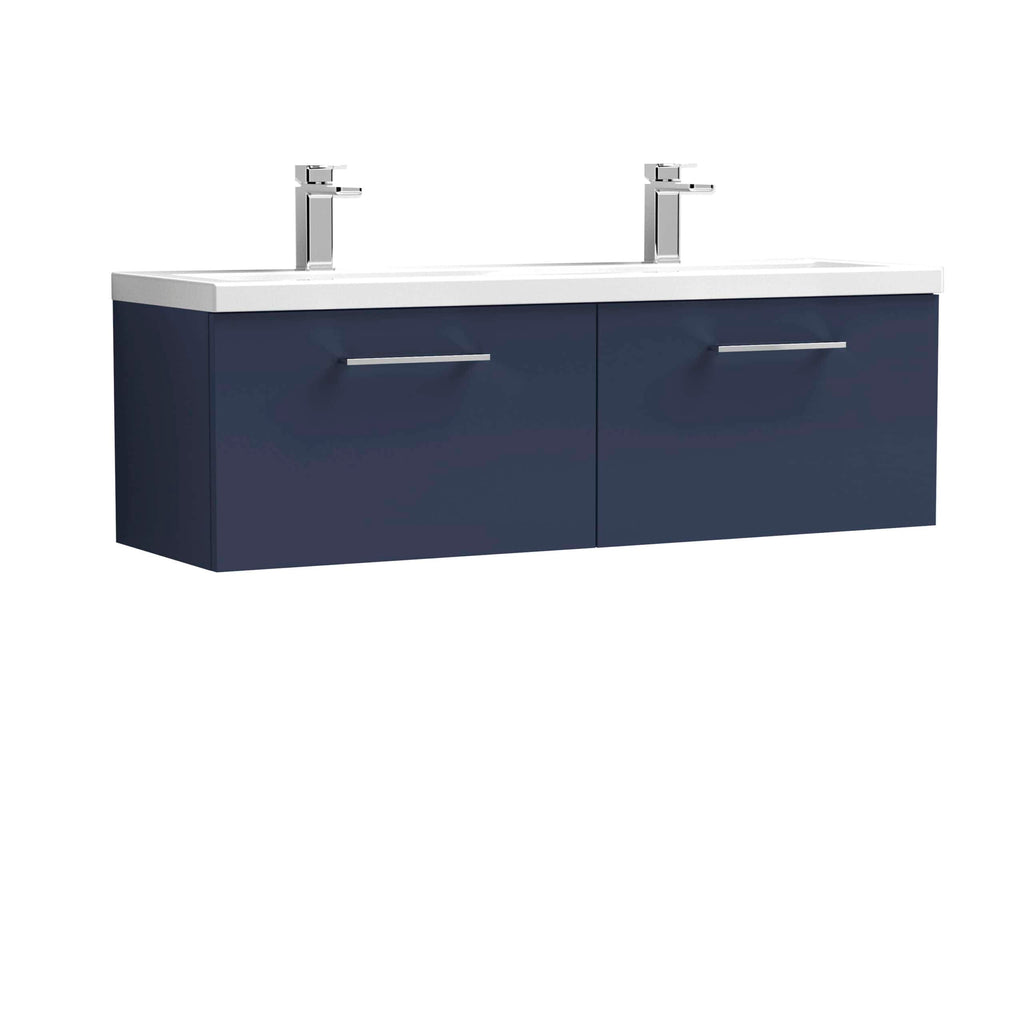 Sleek double vanity bathroom unit with two modern undermount sinks and chrome taps, ideal for contemporary bathroom designs in the UK.