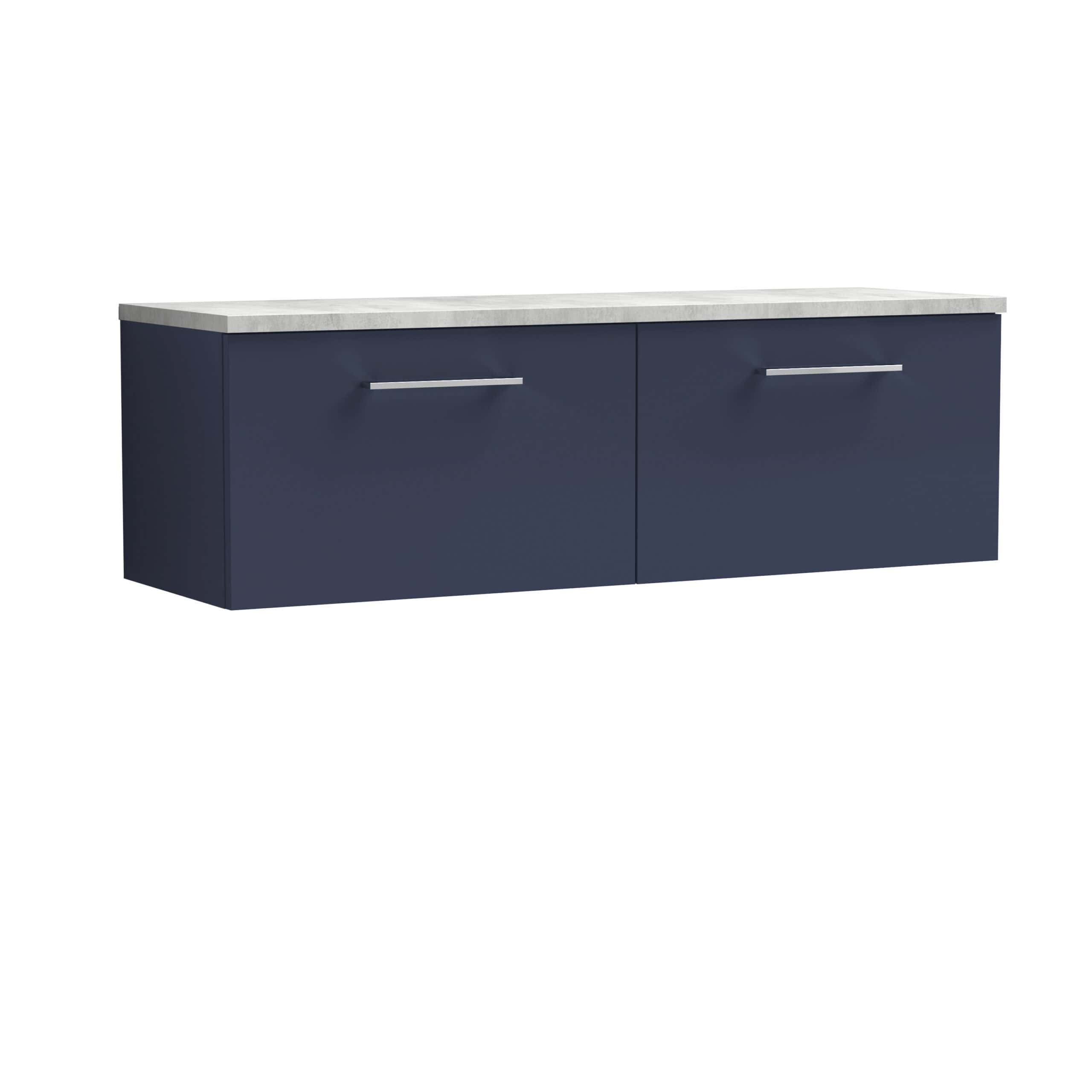 Sleek navy blue bathroom vanity with a white marble top, modern handles, and ample storage space, perfect for contemporary bathroom designs.