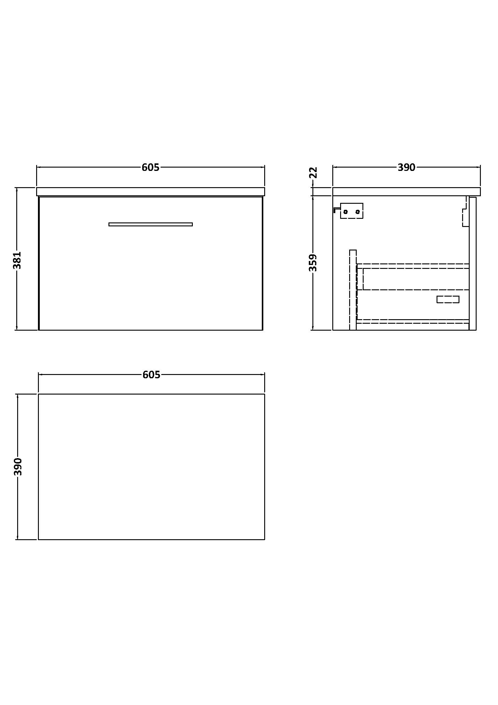 Compact bathroom vanity unit with detailed dimensions for modern bathroom design. Ideal for space-saving setups, featuring drawers and sleek finish for stylish storage solutions.