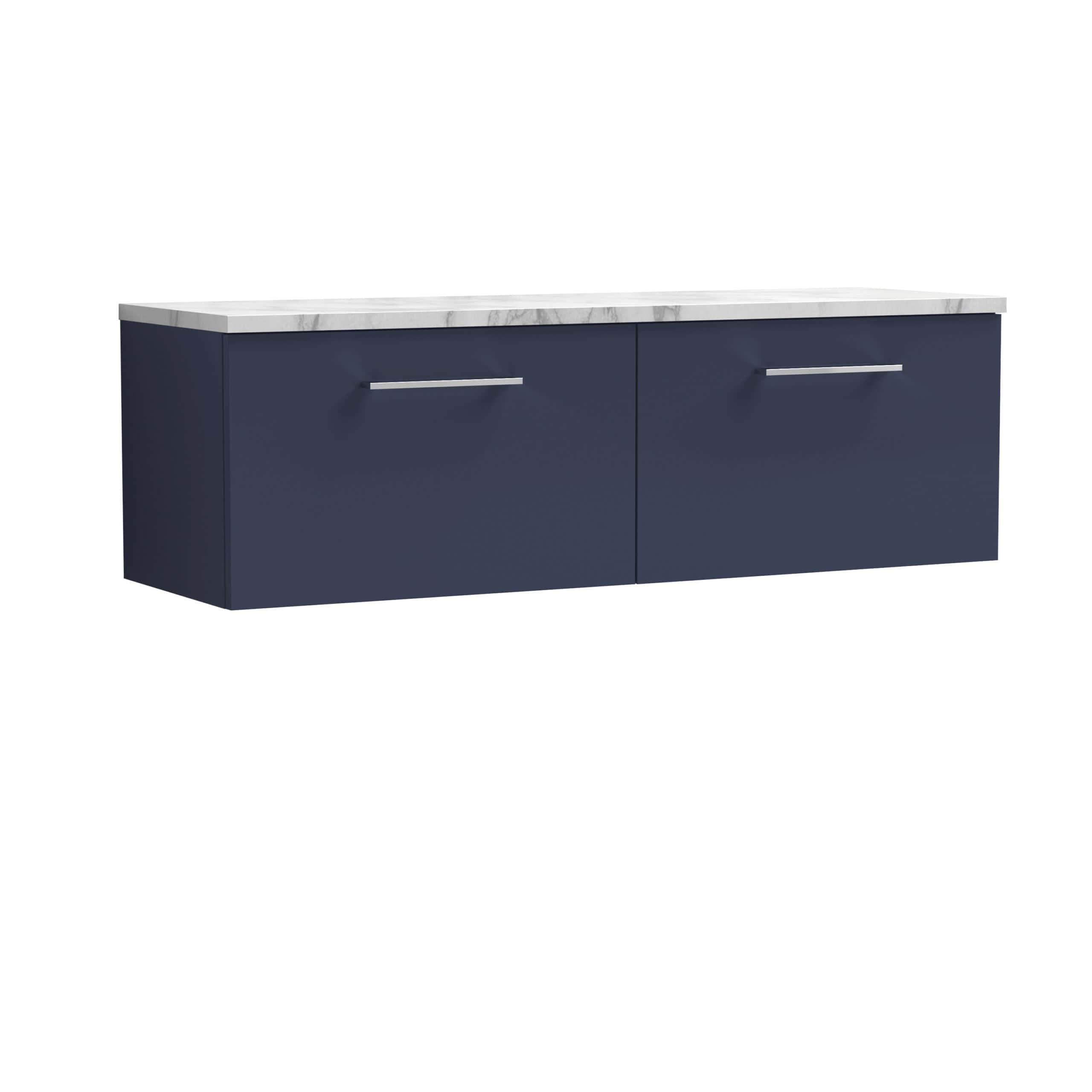 Modern navy blue bathroom vanity with a white marble top, sleek handles, and ample storage space, ideal for contemporary bathroom design.