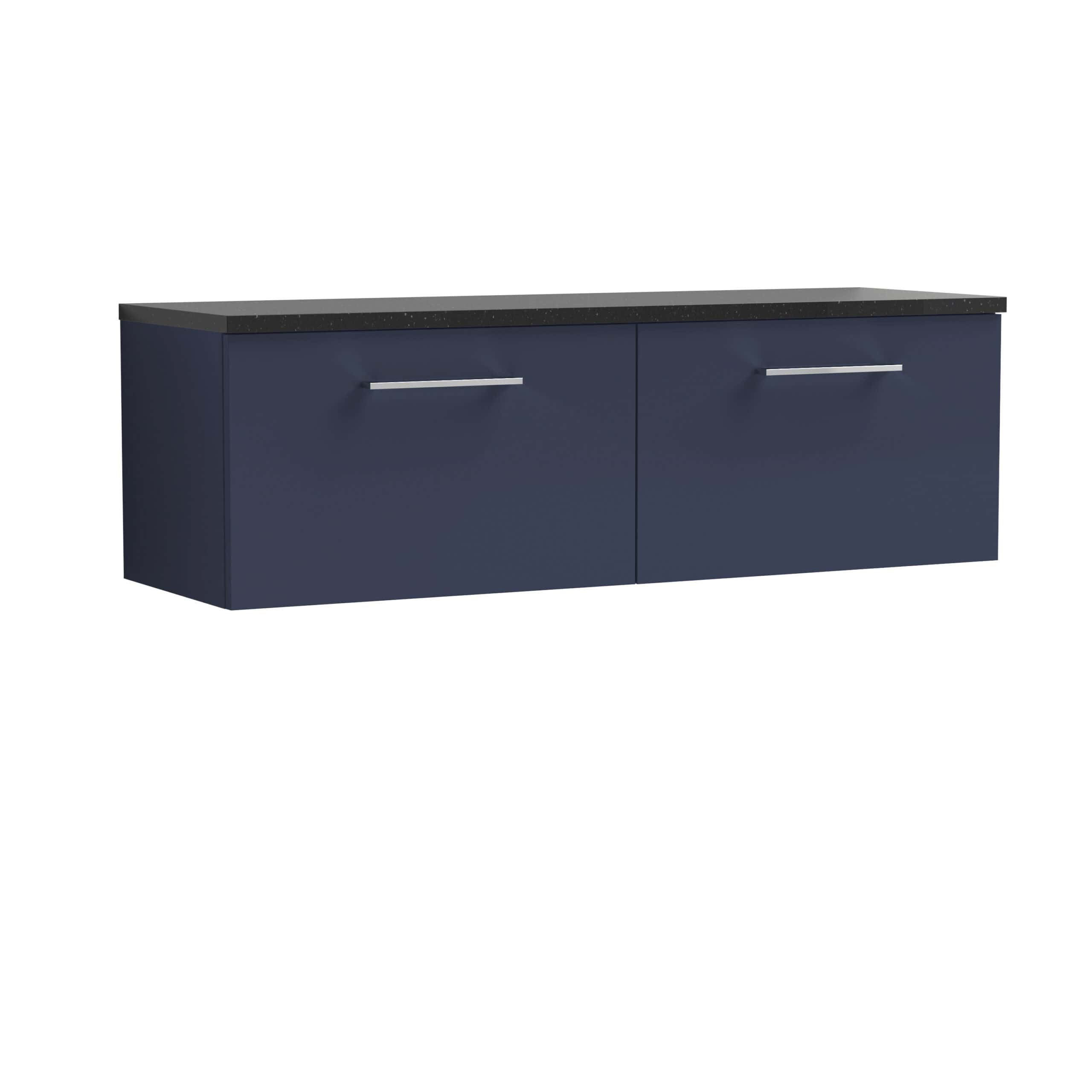 Sleek navy blue bathroom cabinet with modern silver handles and black countertop, ideal for contemporary bathroom storage solutions. Perfect for organising toiletries and essentials.