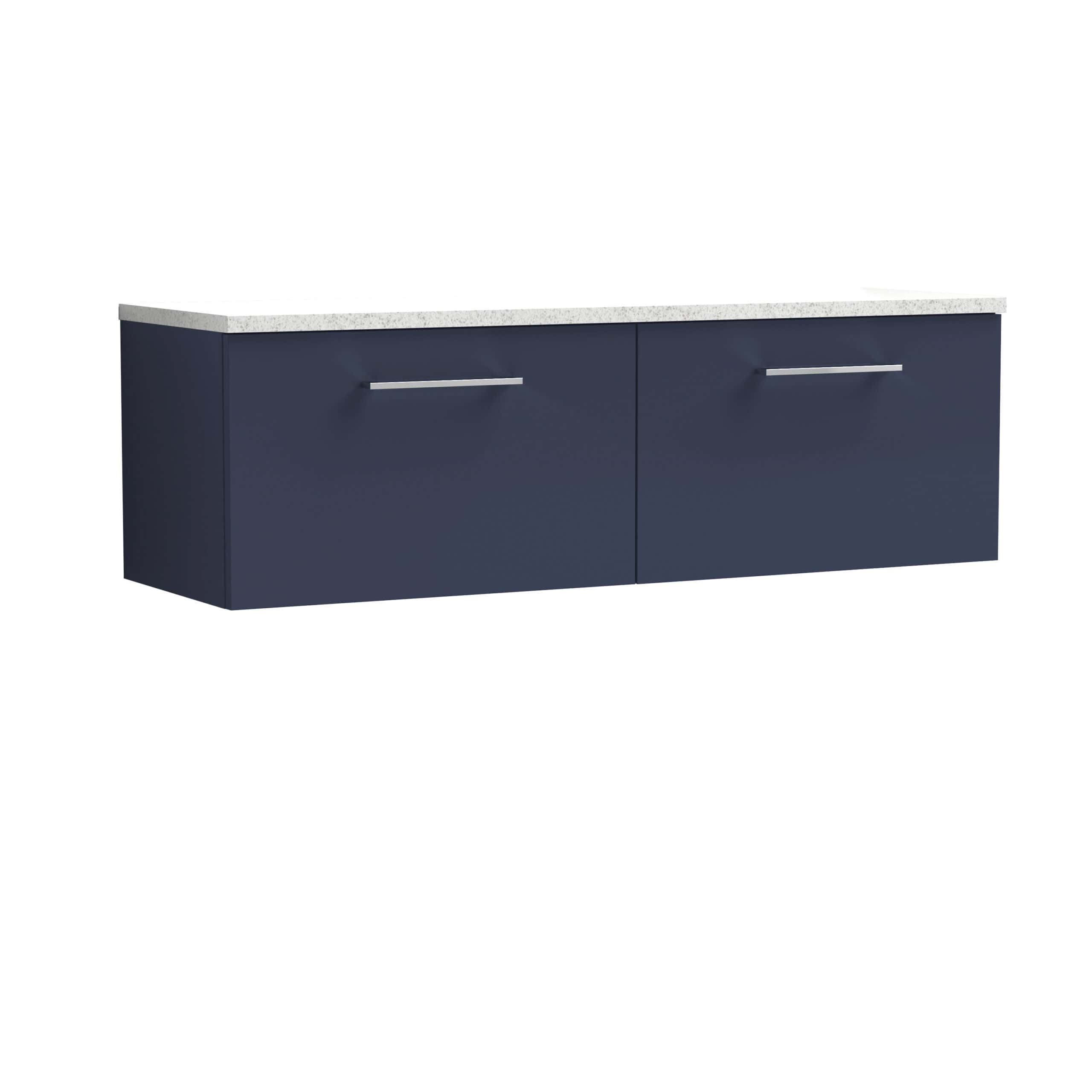 Sleek navy blue wall-mounted bathroom cabinet with a white speckled countertop, ideal for modern bathroom storage solutions. Featuring minimalist silver handles for easy access.