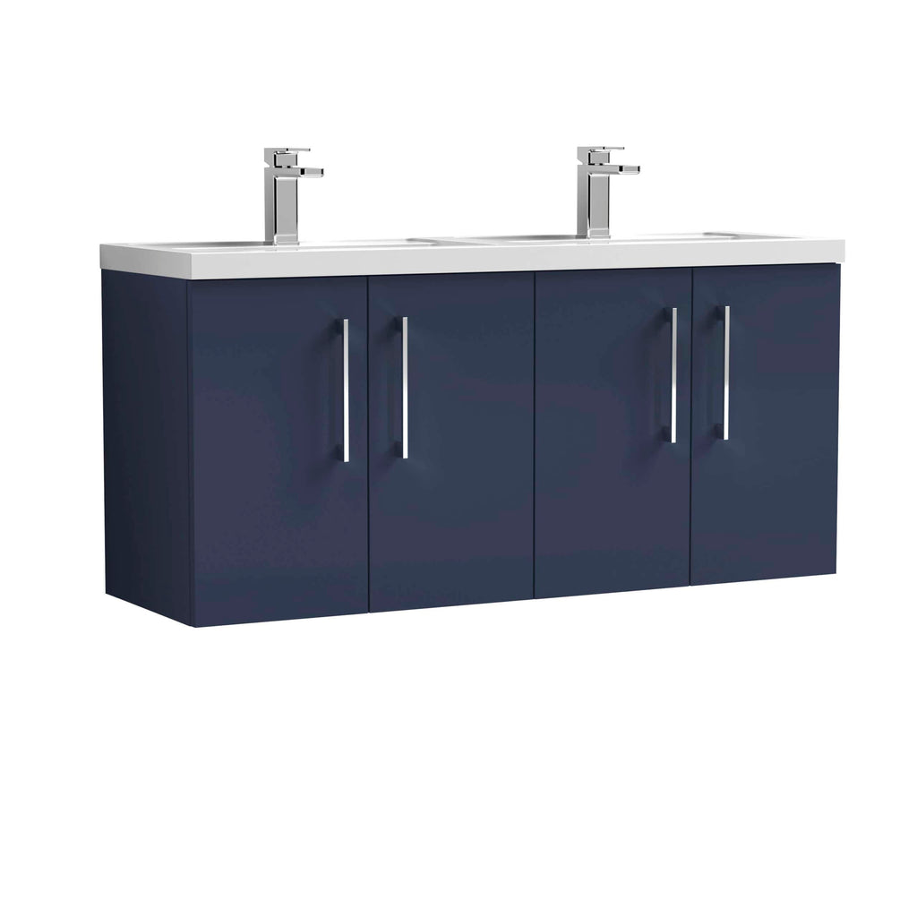 Contemporary navy bathroom vanity unit with dual sinks and modern chrome-finished handles, ideal for stylish bathroom storage and organisation.