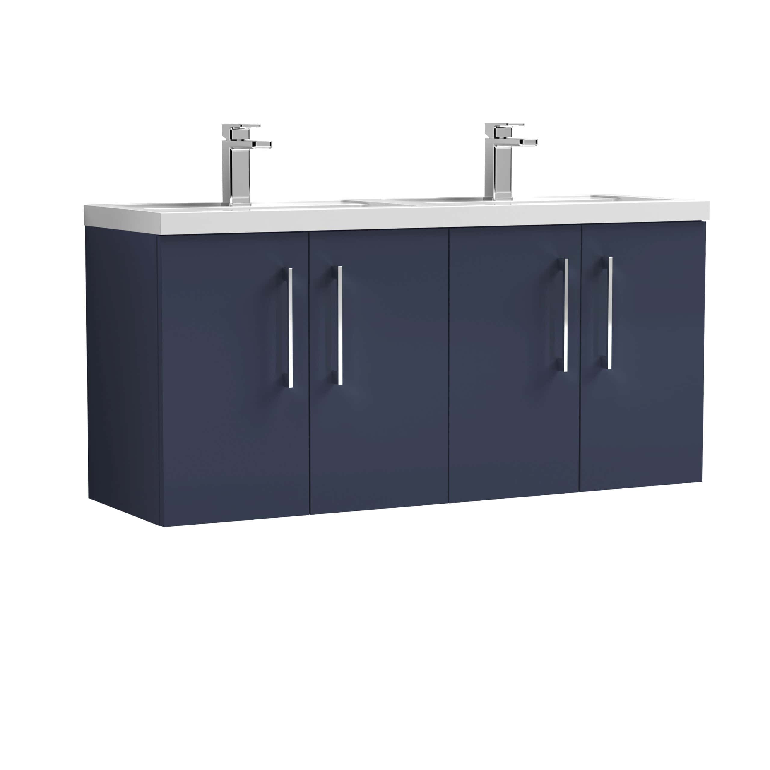 Contemporary navy bathroom vanity unit with dual sinks and modern chrome-finished handles, ideal for stylish bathroom storage and organisation.
