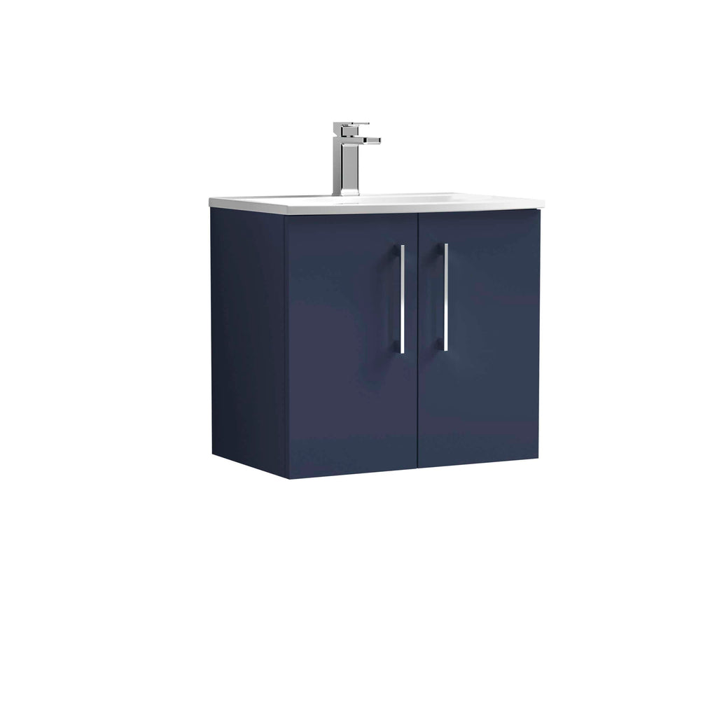 Modern blue bathroom vanity cabinet with integrated sink and chrome tap, ideal for contemporary bathroom styles. Durable, stylish storage solution for bathroom essentials.