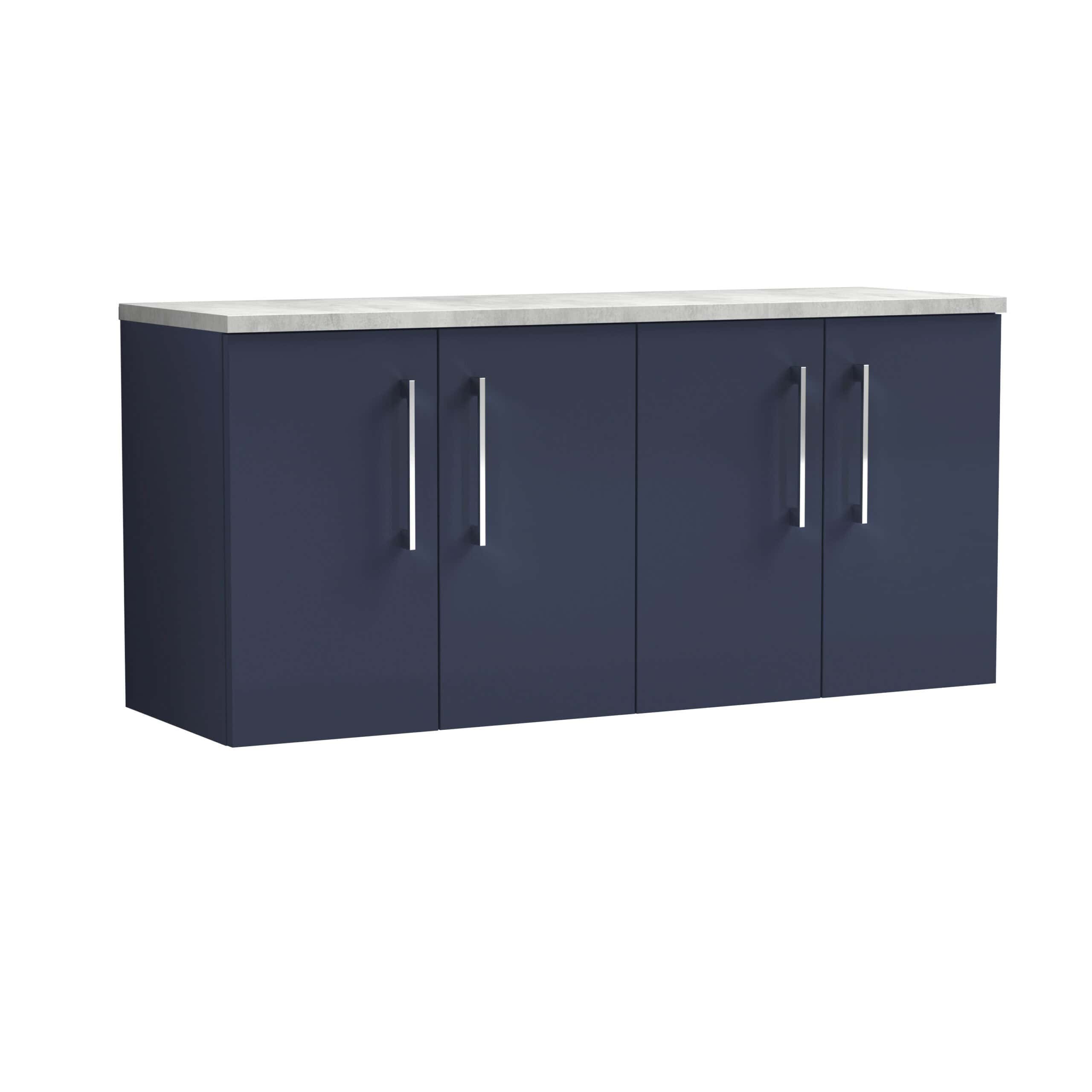 Sleek navy blue bathroom storage cabinet with four doors and modern silver handles, ideal for enhancing bathroom organisation and style.