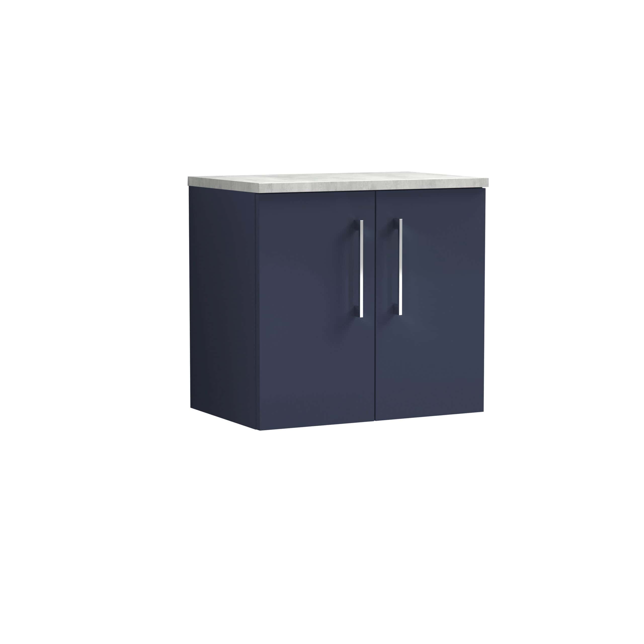 Modern navy blue bathroom cabinet with sleek silver handles and a white marble top, ideal for bathroom storage and organisation. Perfect addition to contemporary bathroom designs for stylish functionality.