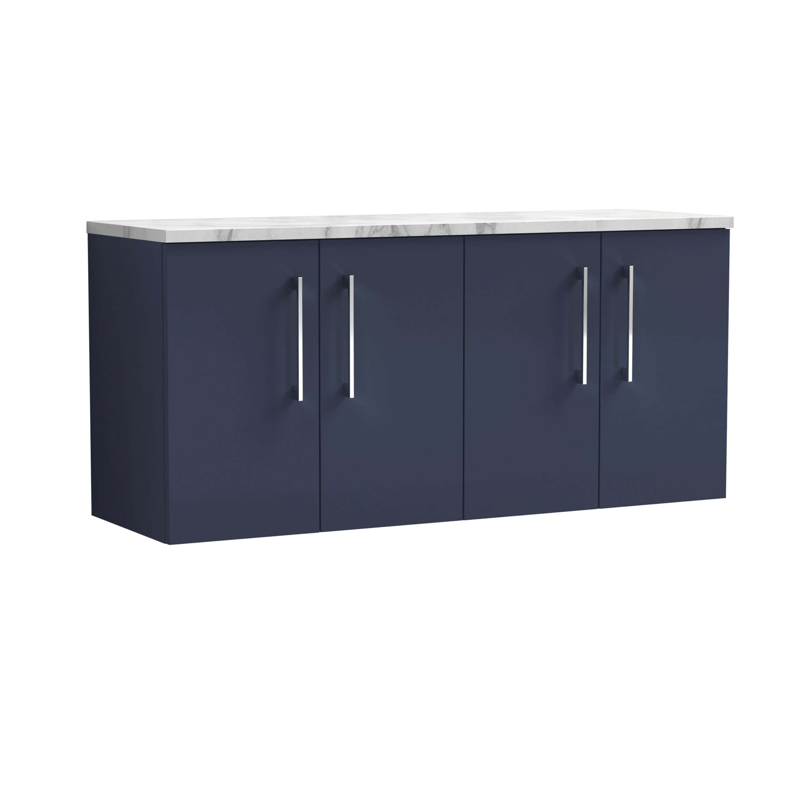 Grey and navy bathroom cabinet with marble countertop, modern storage solution, sleek handles, ideal for contemporary bathroom decor. Perfect for organising toiletries and adding style.