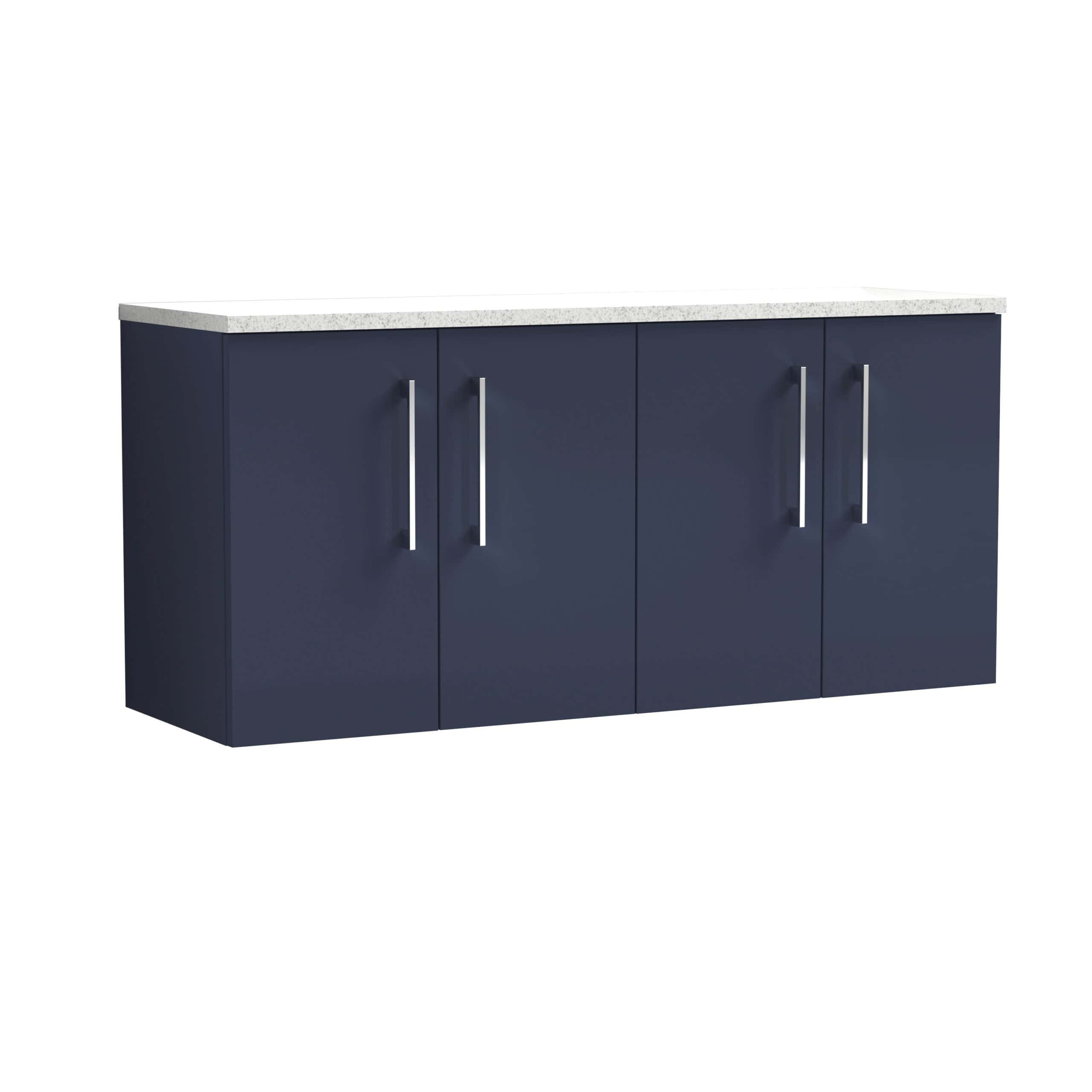 Modern blue bathroom storage cabinet with a white countertop, sleek silver handles, and ample space for bathroom essentials, perfect for contemporary bathroom interiors.