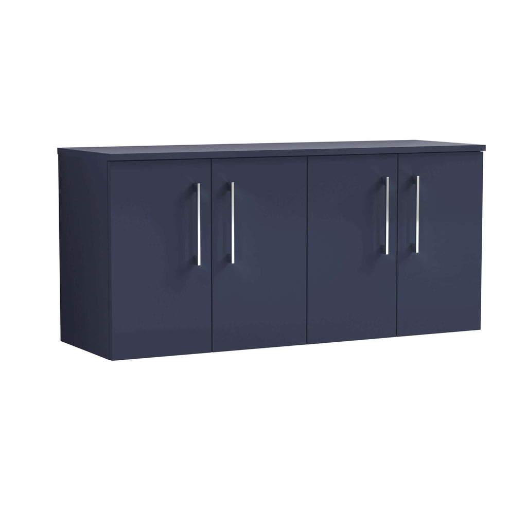Blue bathroom storage cabinet with four doors and silver handles, ideal for modern bathroom organisation and storage solutions.