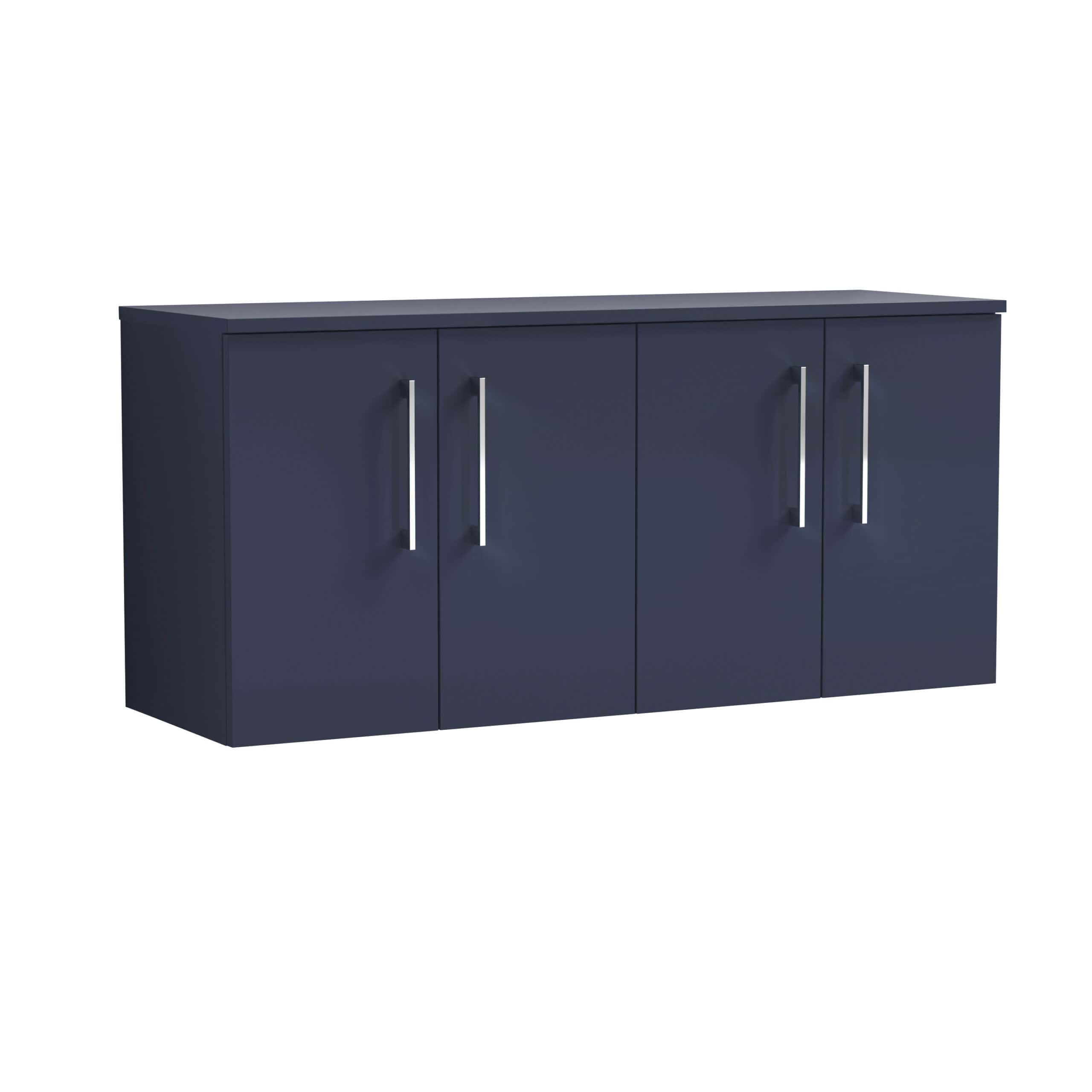 Blue bathroom storage cabinet with four doors and silver handles, ideal for modern bathroom organisation and storage solutions.