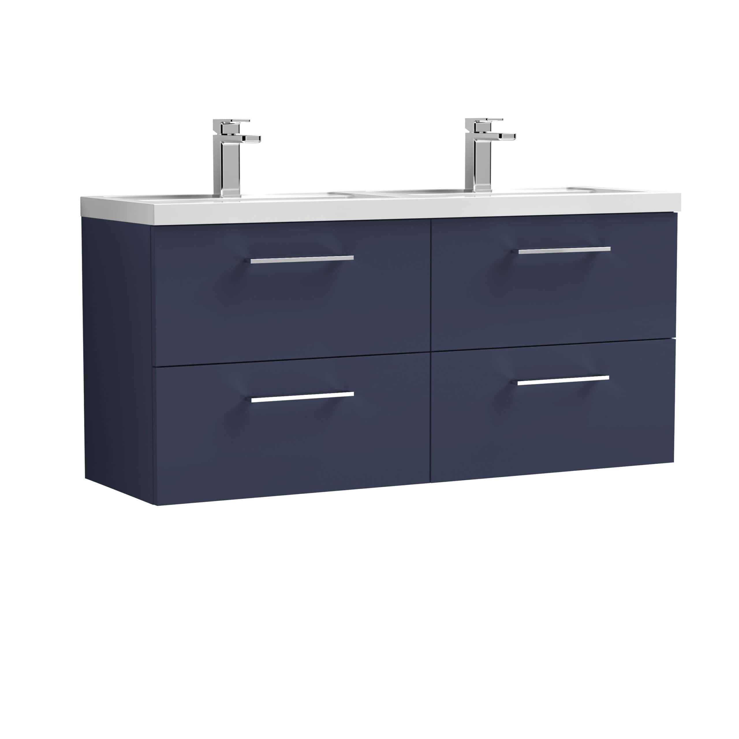 Modern double bathroom vanity unit with two sinks, chrome handles, and a sleek navy blue finish, perfect for contemporary bathroom decor.
