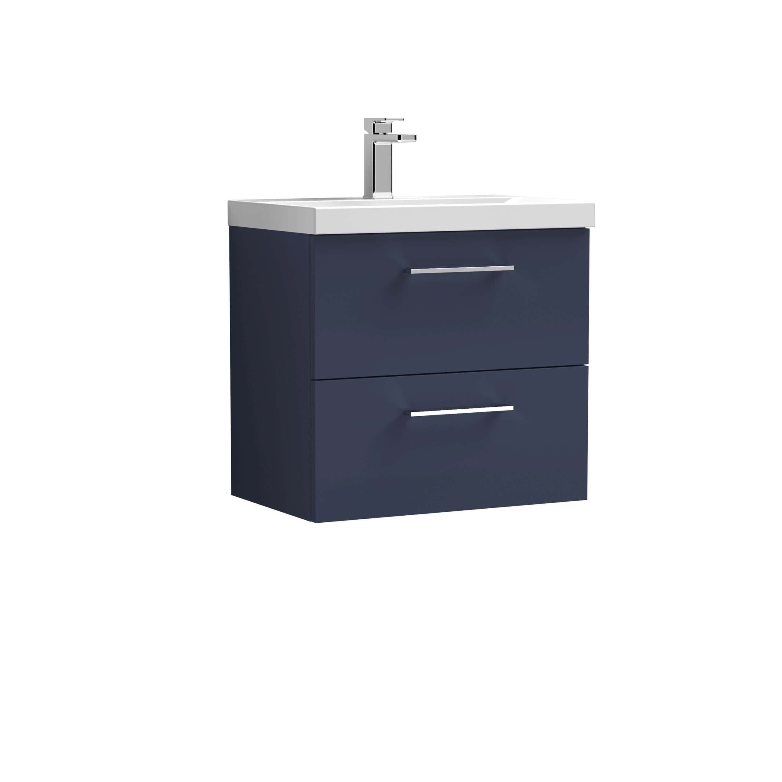 Modern navy bathroom vanity with integrated sink and chrome handles, ideal for contemporary bathroom designs. Durable and stylish, perfect for storage and aesthetics.