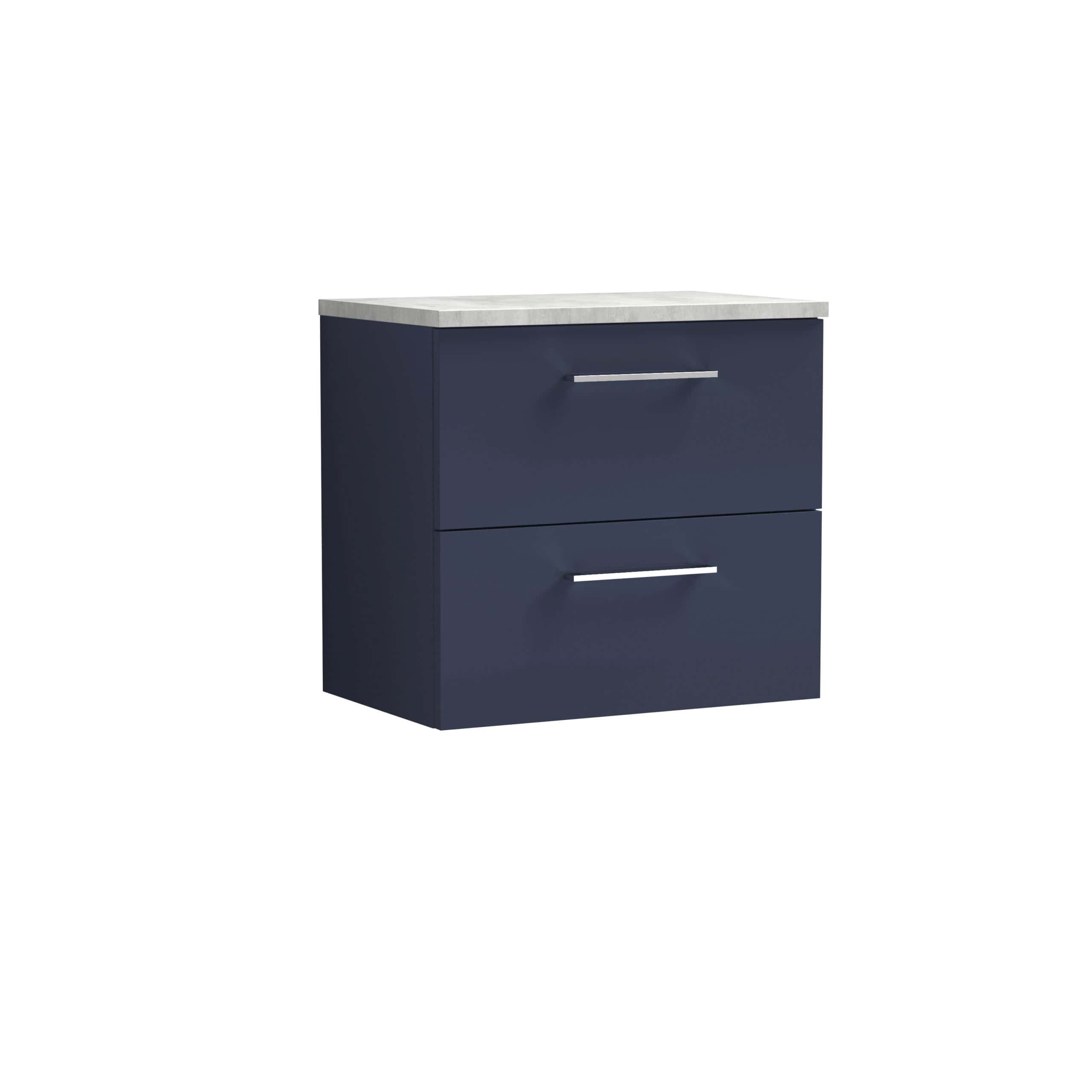 Modern navy blue bathroom vanity with marble top and sleek chrome handles, ideal for contemporary bathroom storage solutions.