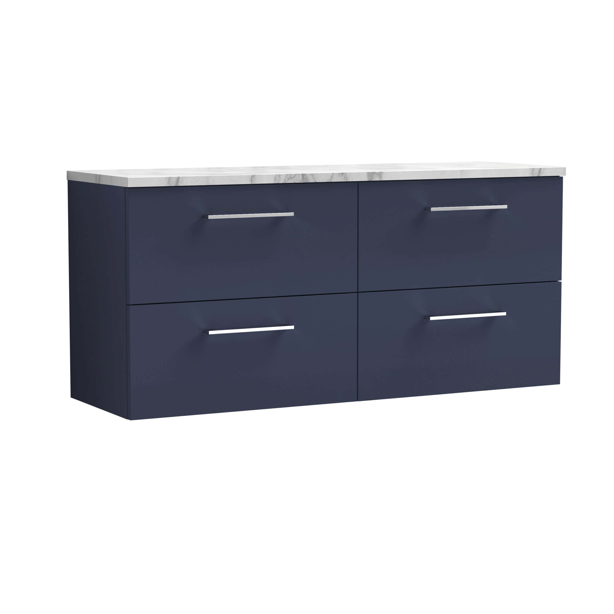 Stylish navy blue bathroom vanity with four spacious drawers and a marble countertop, perfect for modern bathroom storage solutions.