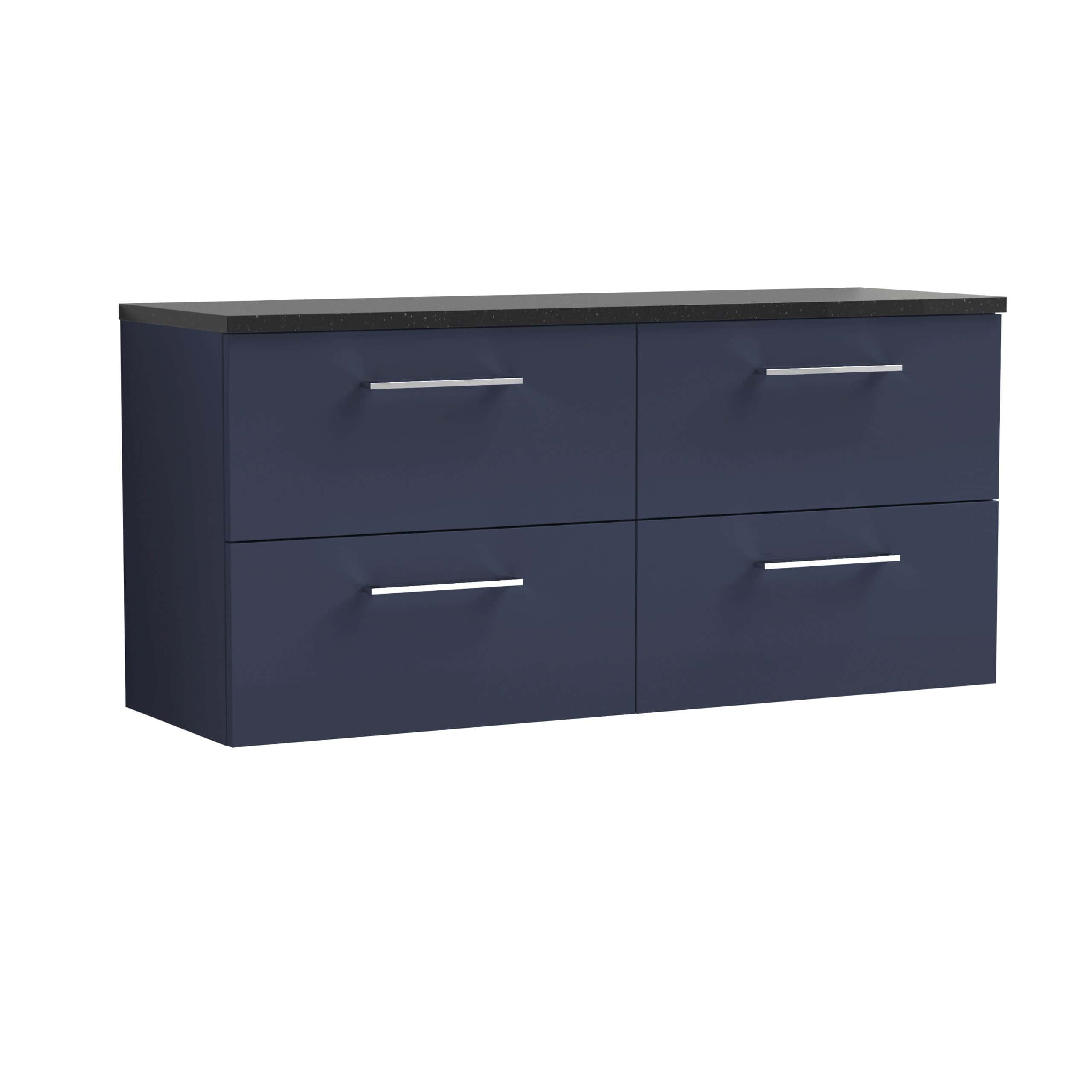 Sleek navy blue bathroom cabinet with four spacious drawers, modern silver handles, and a durable black countertop, perfect for stylish bathroom storage solutions.