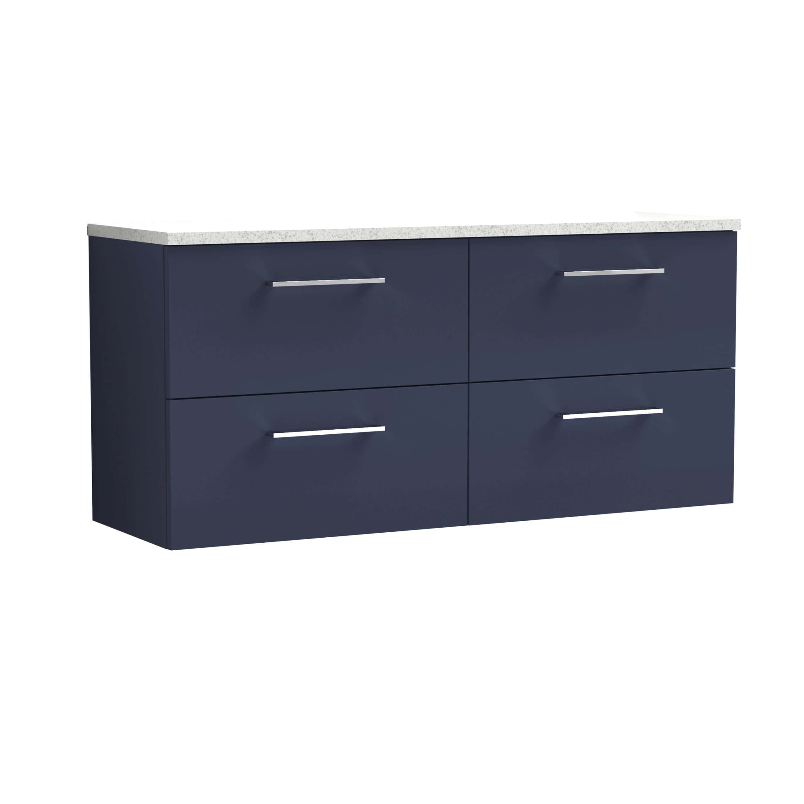 Sleek navy blue bathroom vanity unit with four drawers, modern silver handles, and a white speckled countertop, ideal for contemporary bathroom storage solutions.
