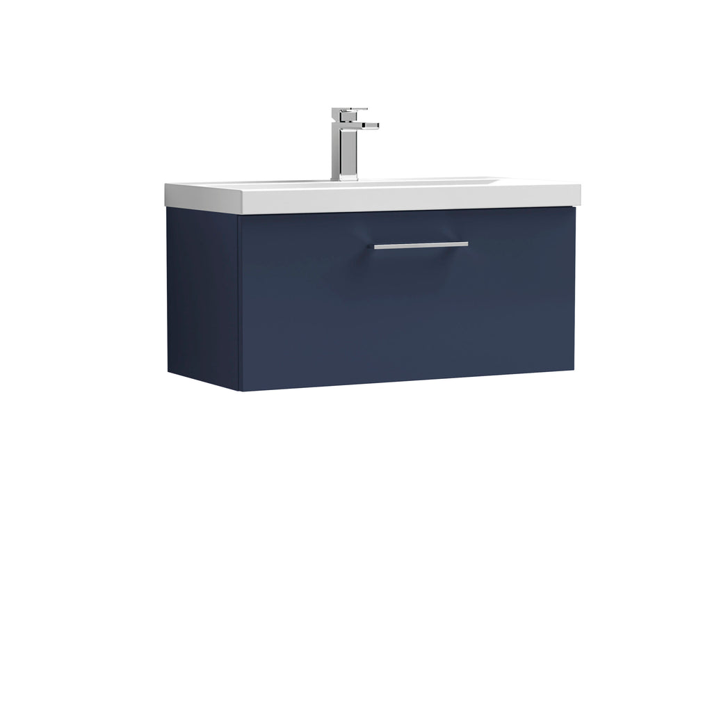 Sleek navy blue bathroom vanity with integrated white countertop and modern chrome faucet, ideal for stylish bathroom renovation and storage solutions.