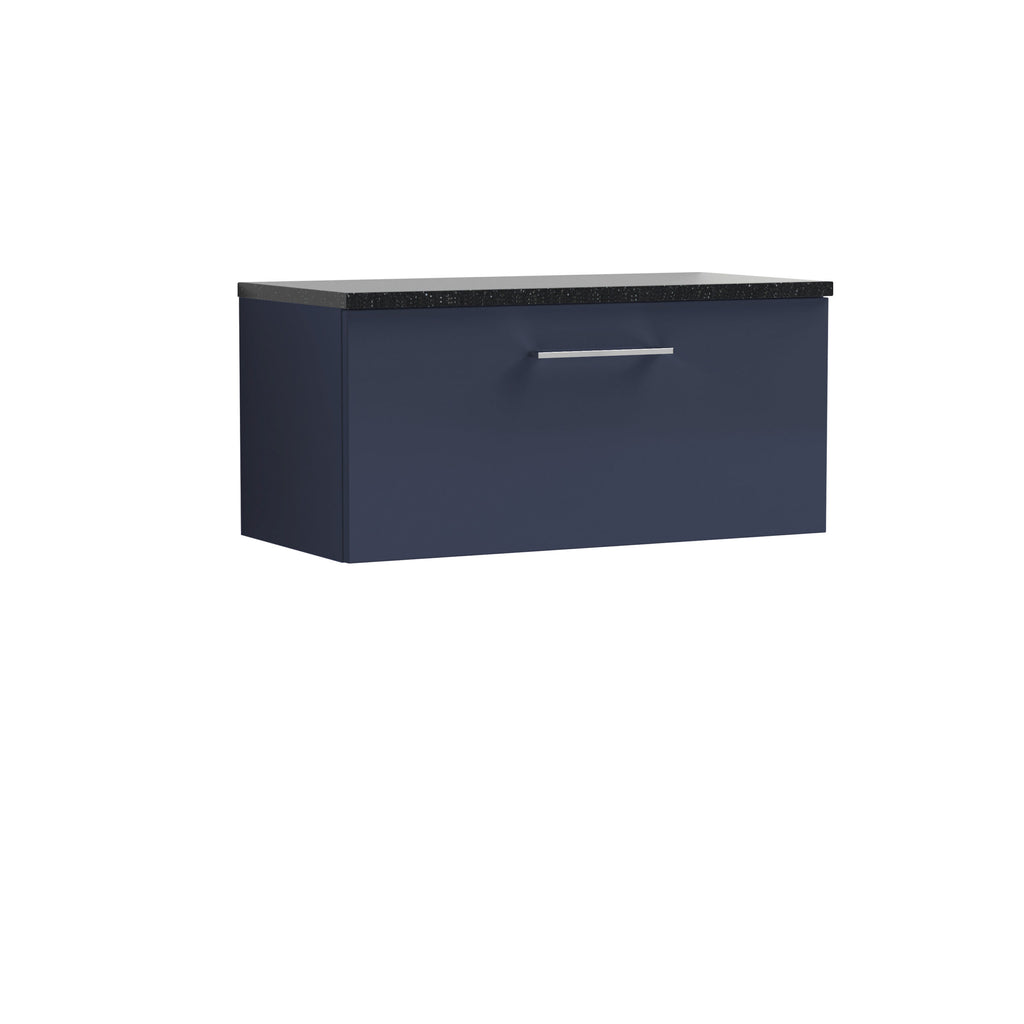 Sleek navy blue bathroom wall-mounted cabinet with a black speckled countertop and a modern silver handle, ideal for contemporary bathroom storage solutions.