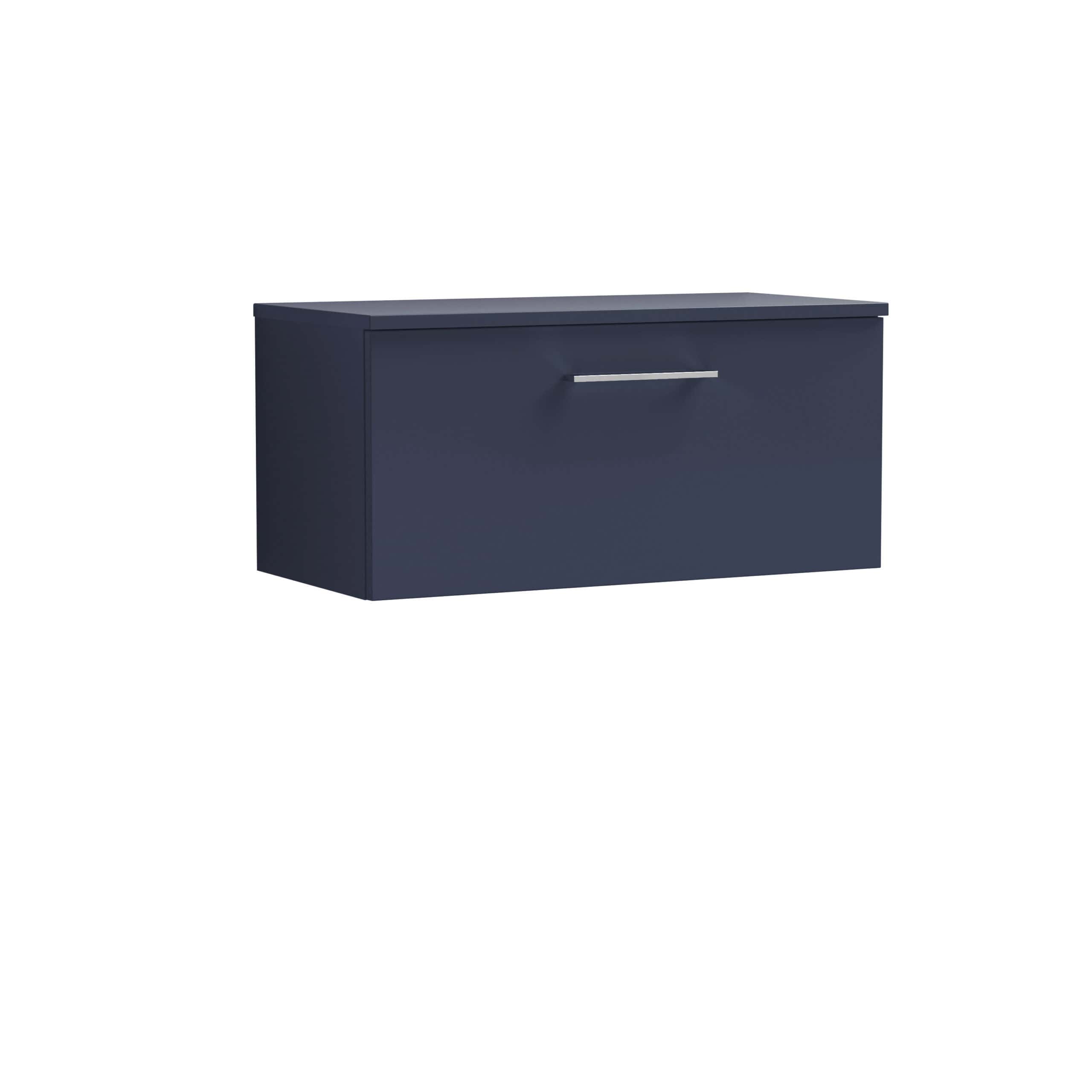 Modern navy blue bathroom wall cabinet with sleek silver handle for stylish storage solutions.