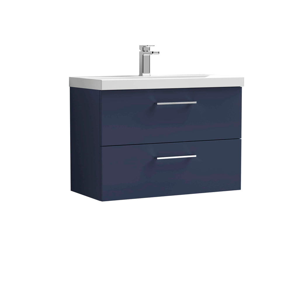 Modern navy blue bathroom vanity with integrated sink and chrome handles, ideal for stylish bathroom renovation. Perfect for contemporary spaces seeking functional and elegant storage solutions.