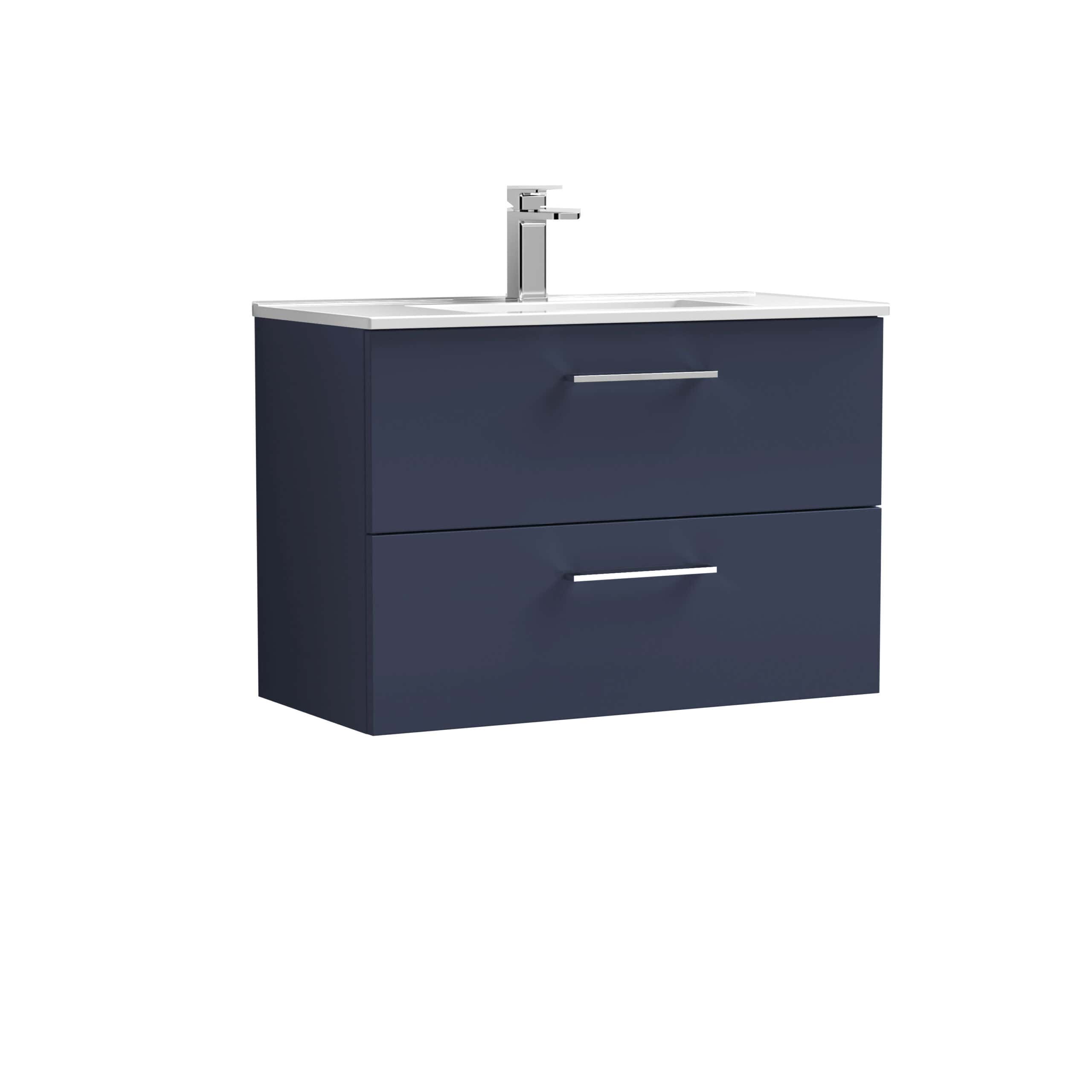 Modern navy blue bathroom vanity with integrated sink and chrome faucet, ideal for contemporary bathroom designs, providing stylish storage solutions and sleek aesthetics.