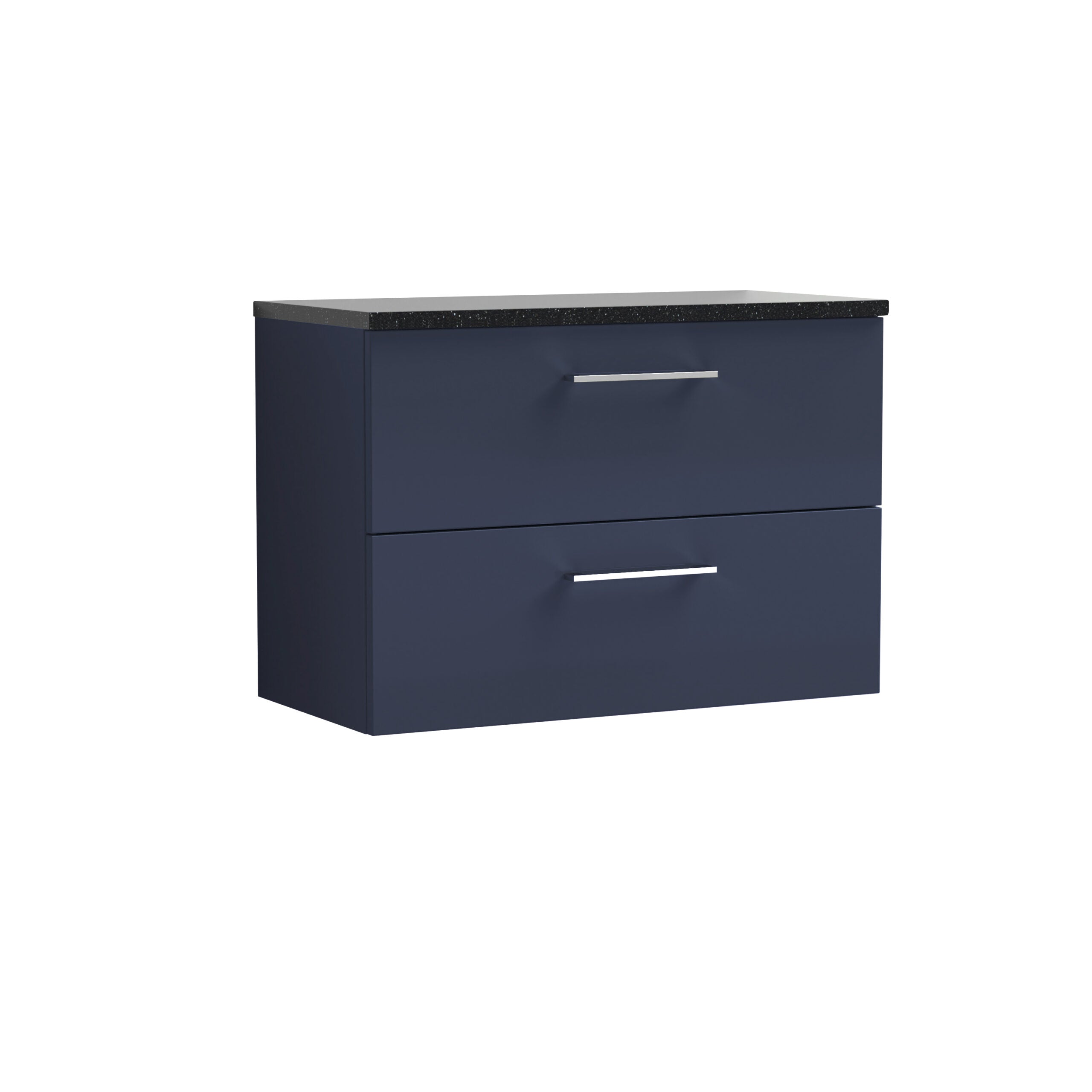 Modern navy blue bathroom vanity with a black speckled countertop and sleek chrome handles, designed for stylish and functional bathroom storage.