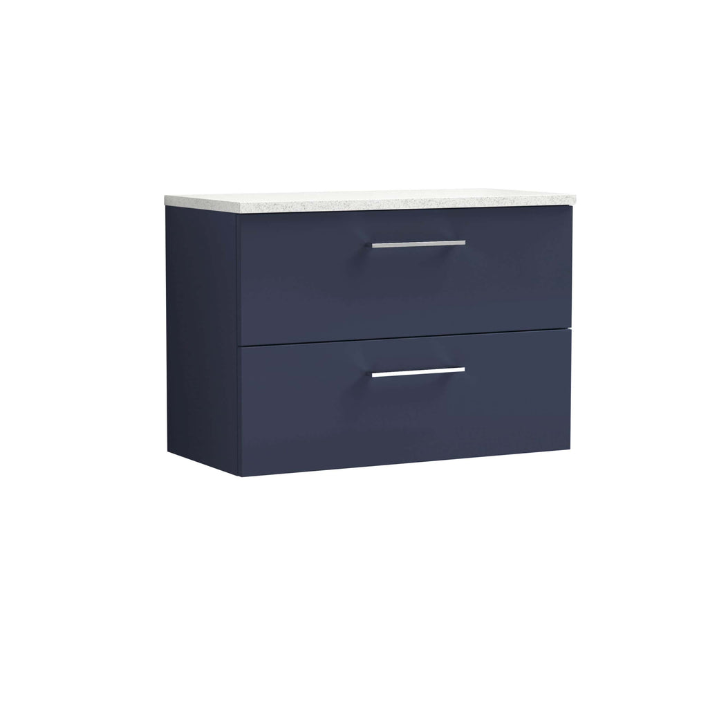 Contemporary navy blue bathroom vanity with two drawers and a white speckled quartz countertop, perfect for modern bathroom storage solutions.