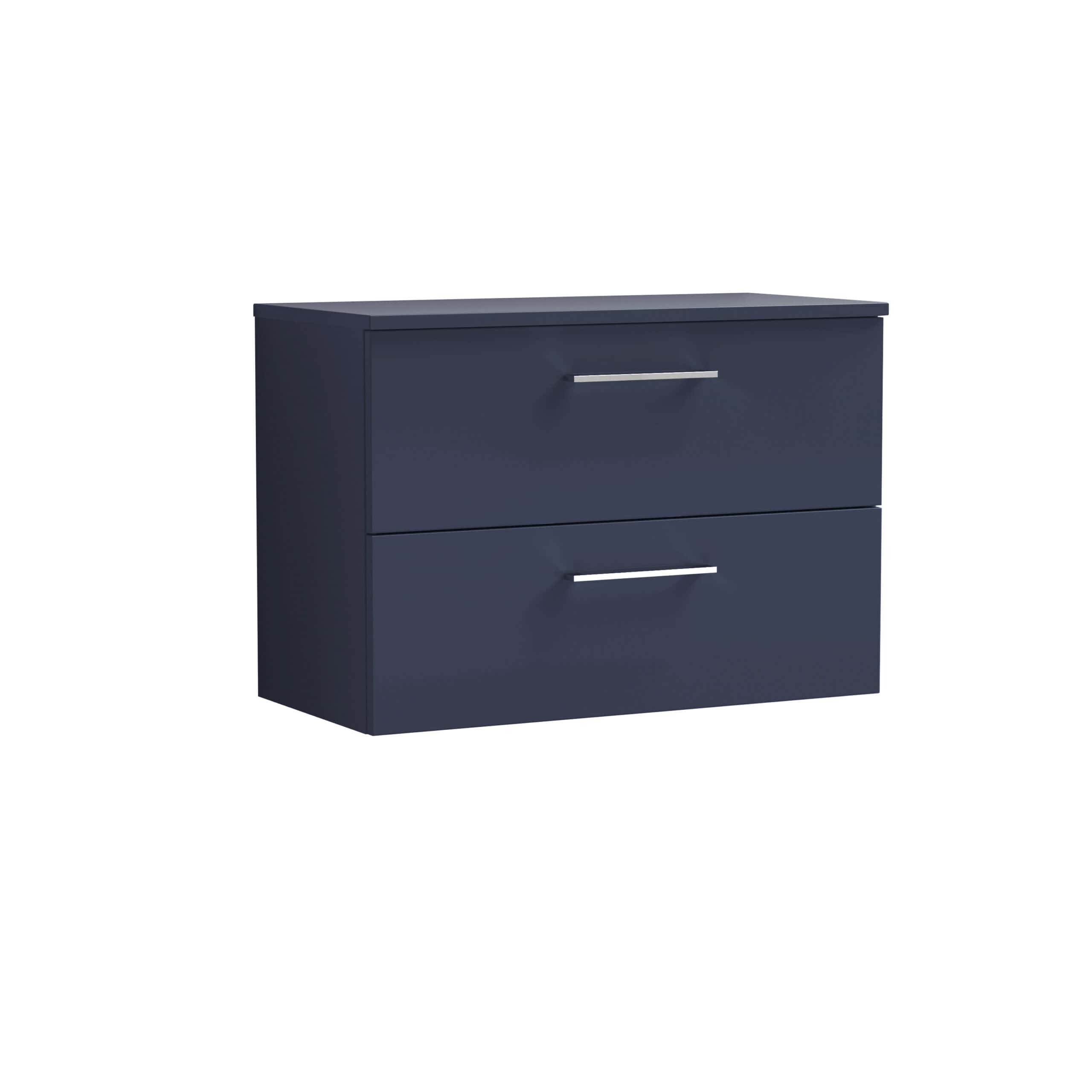 Modern navy blue bathroom vanity with two drawers, sleek silver handles, ideal for contemporary bathroom storage solutions.