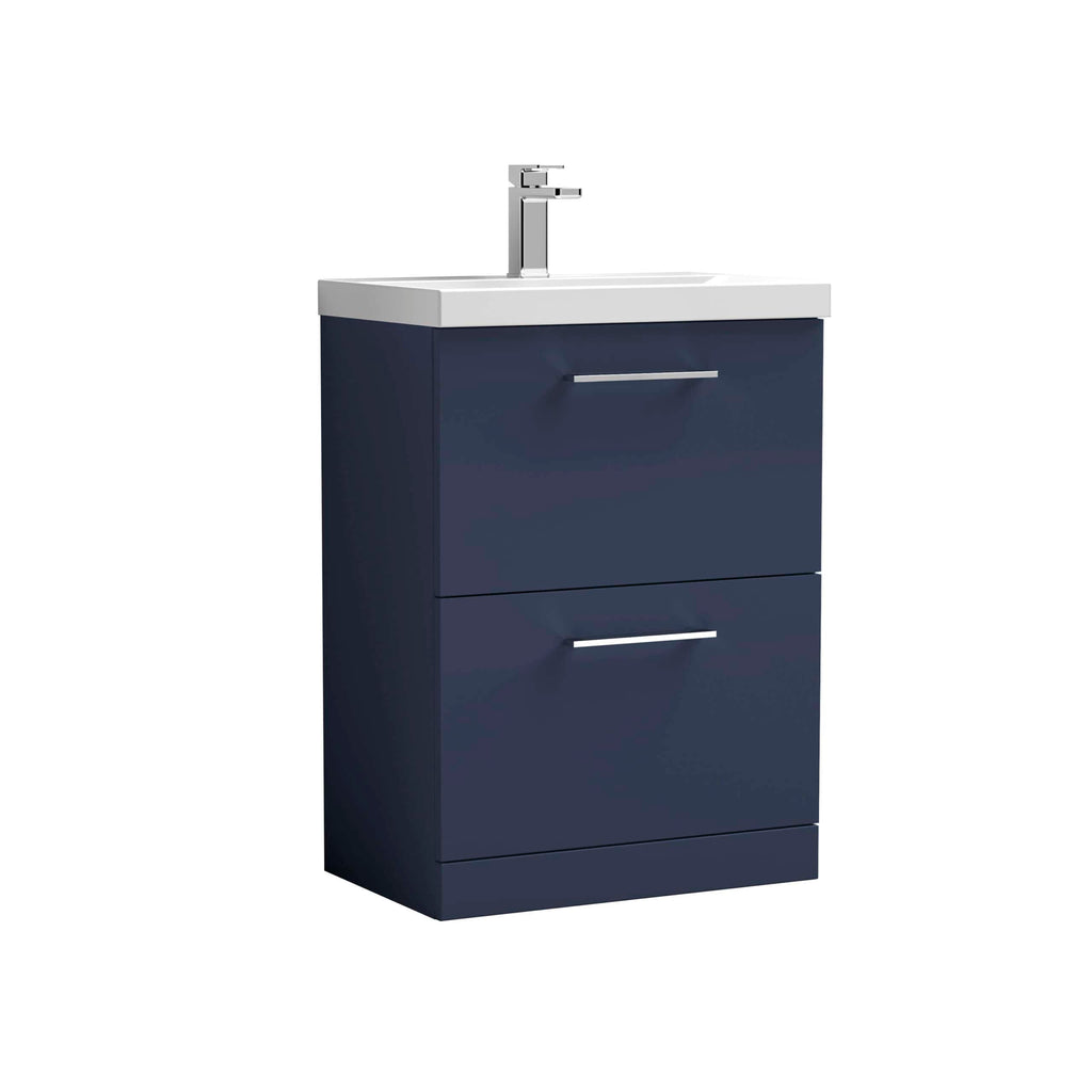 Modern navy blue bathroom vanity with integrated sink and chrome handles, ideal for stylish bathroom renovation and storage solutions.