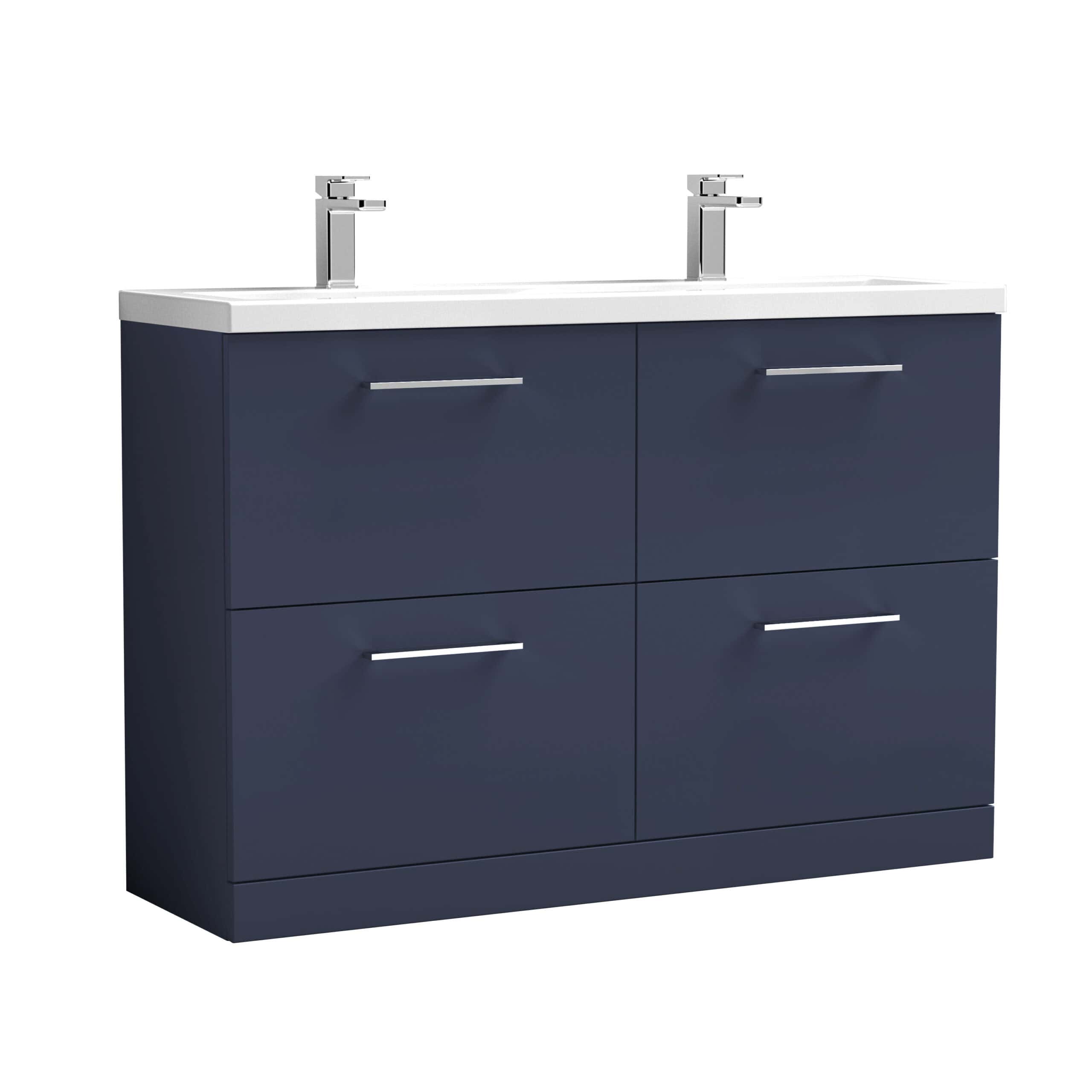 Contemporary navy blue double vanity bathroom cabinet with dual sinks and modern chrome handles, ideal for stylish and functional bathroom design.