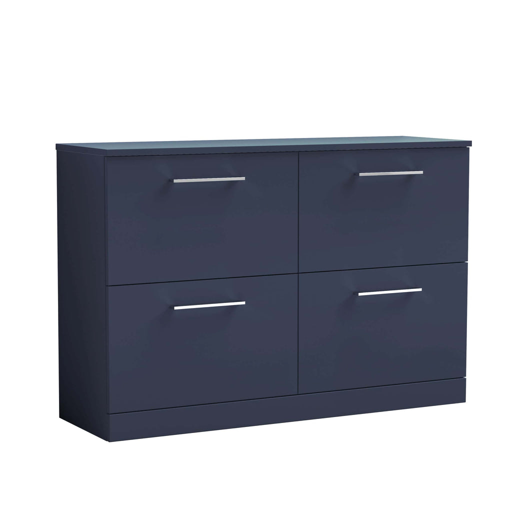 Sleek navy blue bathroom storage cabinet with four drawers and modern silver handles, ideal for contemporary bathroom organisation and maximising space.