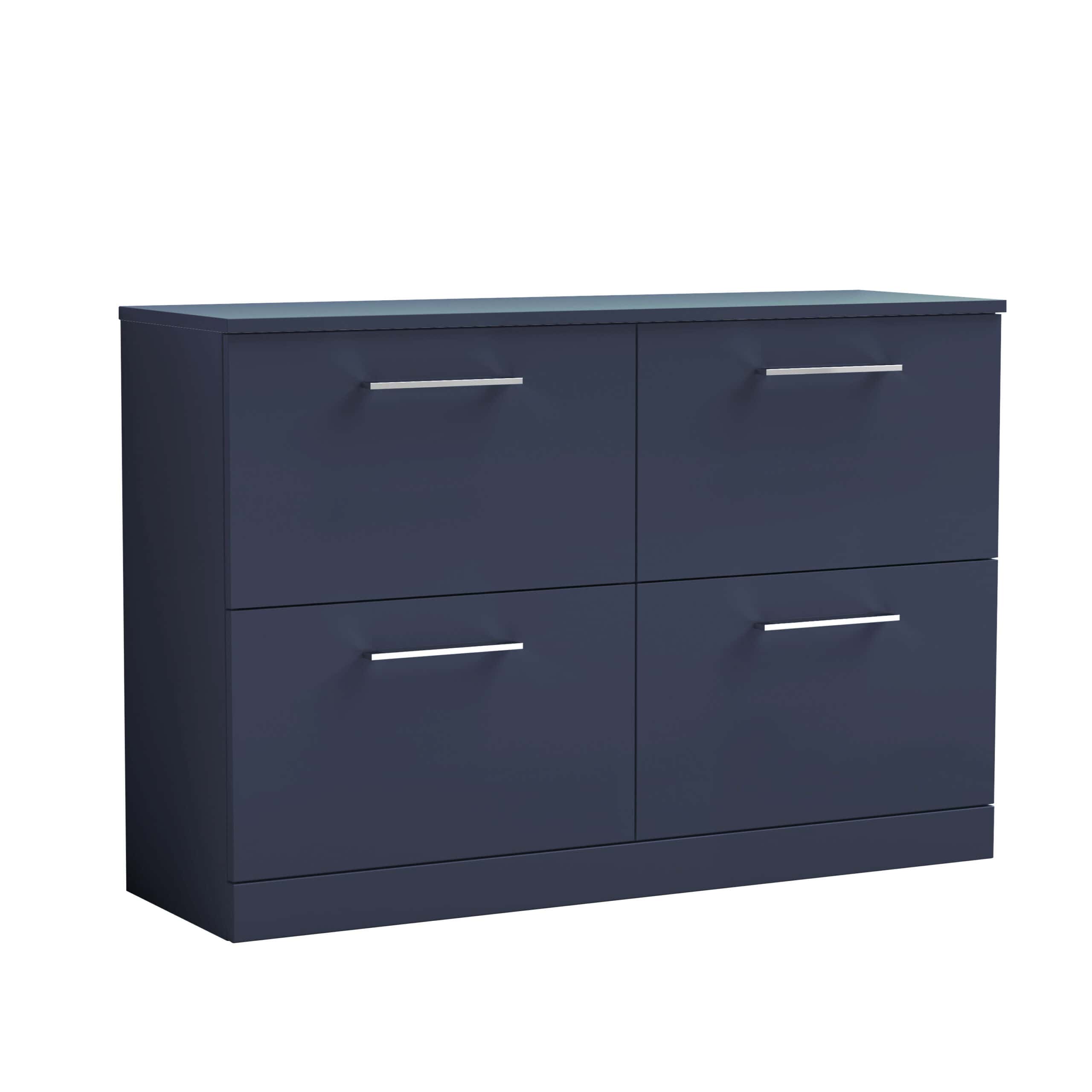 Sleek navy blue bathroom storage cabinet with four drawers and modern silver handles, ideal for contemporary bathroom organisation and maximising space.