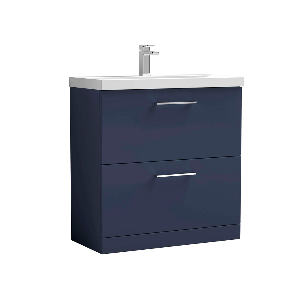 Modern navy blue bathroom vanity with white countertop and chrome faucet, ideal for contemporary bathroom décor. Perfect storage solution for bathroom essentials with sleek, minimalist design.