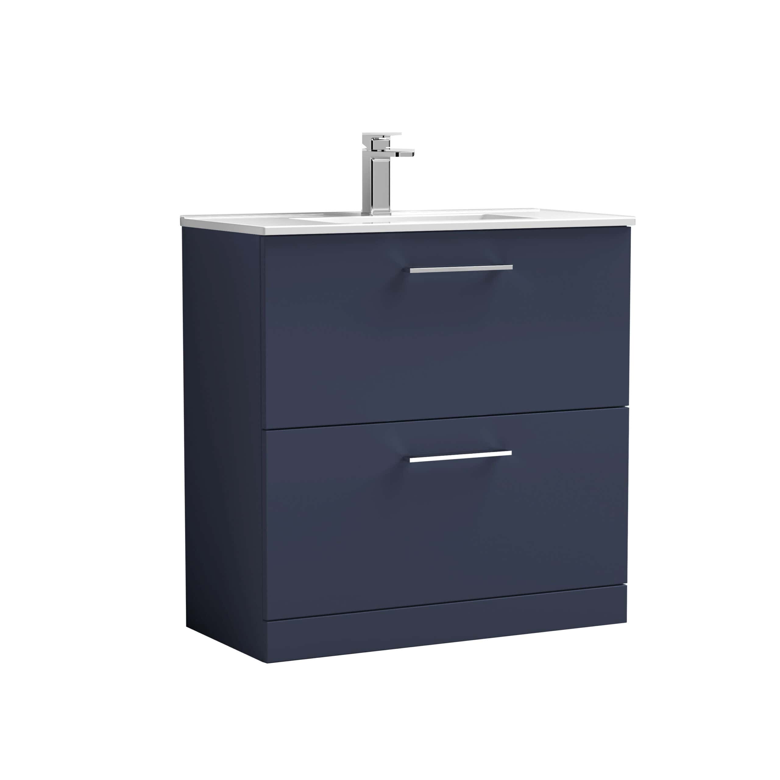 Blue bathroom vanity unit with integrated sink and modern chrome tap, ideal for contemporary bathroom design. Perfect for storage and creating a sleek, stylish look.