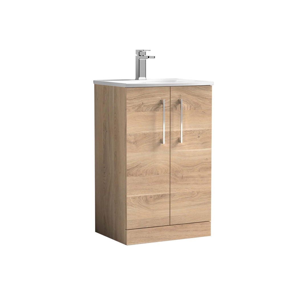 Sleek wooden bathroom vanity with integrated sink and modern chrome tap, ideal for stylish bathroom decor and space-saving storage solutions.